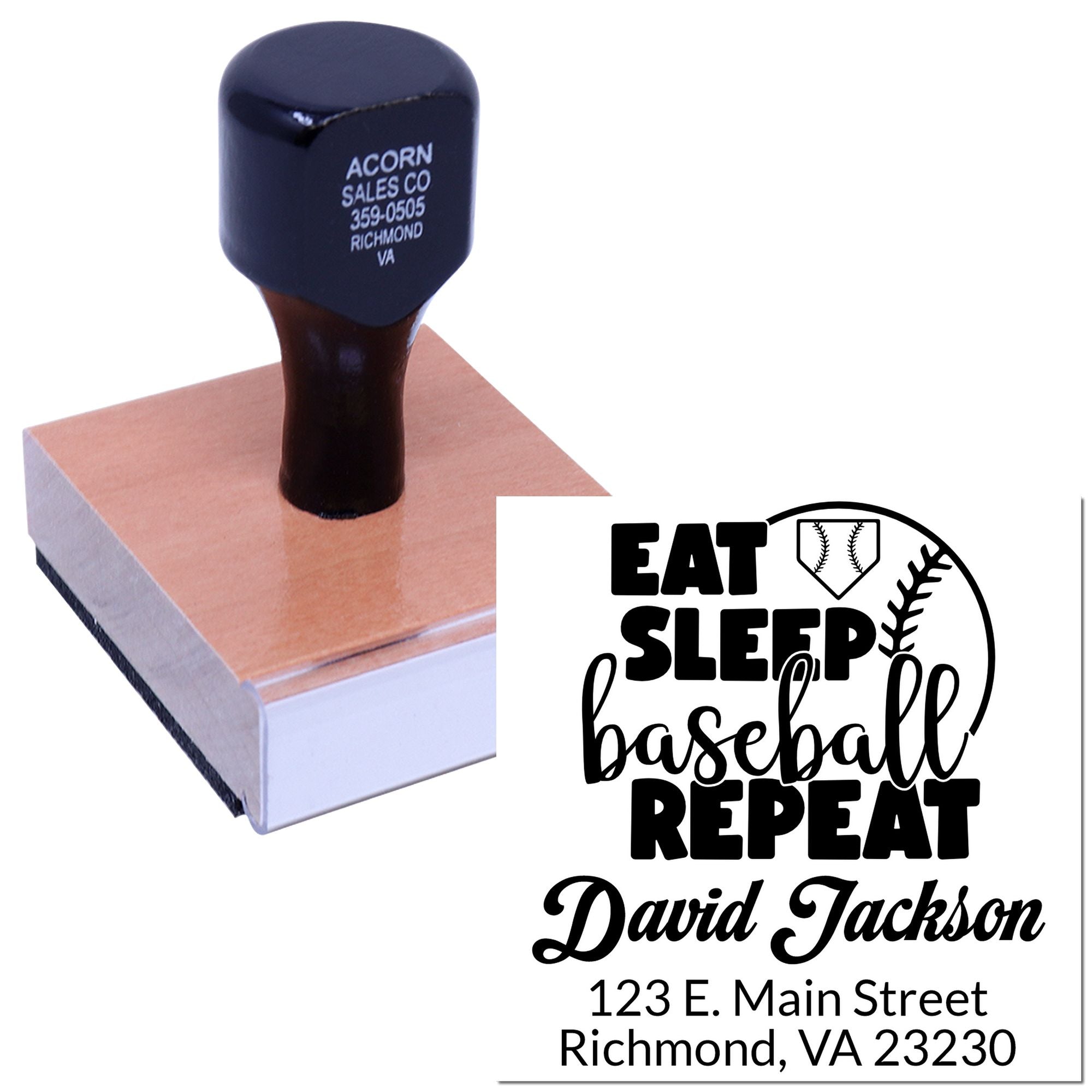 Custom baseball rubber stamp with Eat Sleep Baseball Repeat design, personalized name, and address imprint