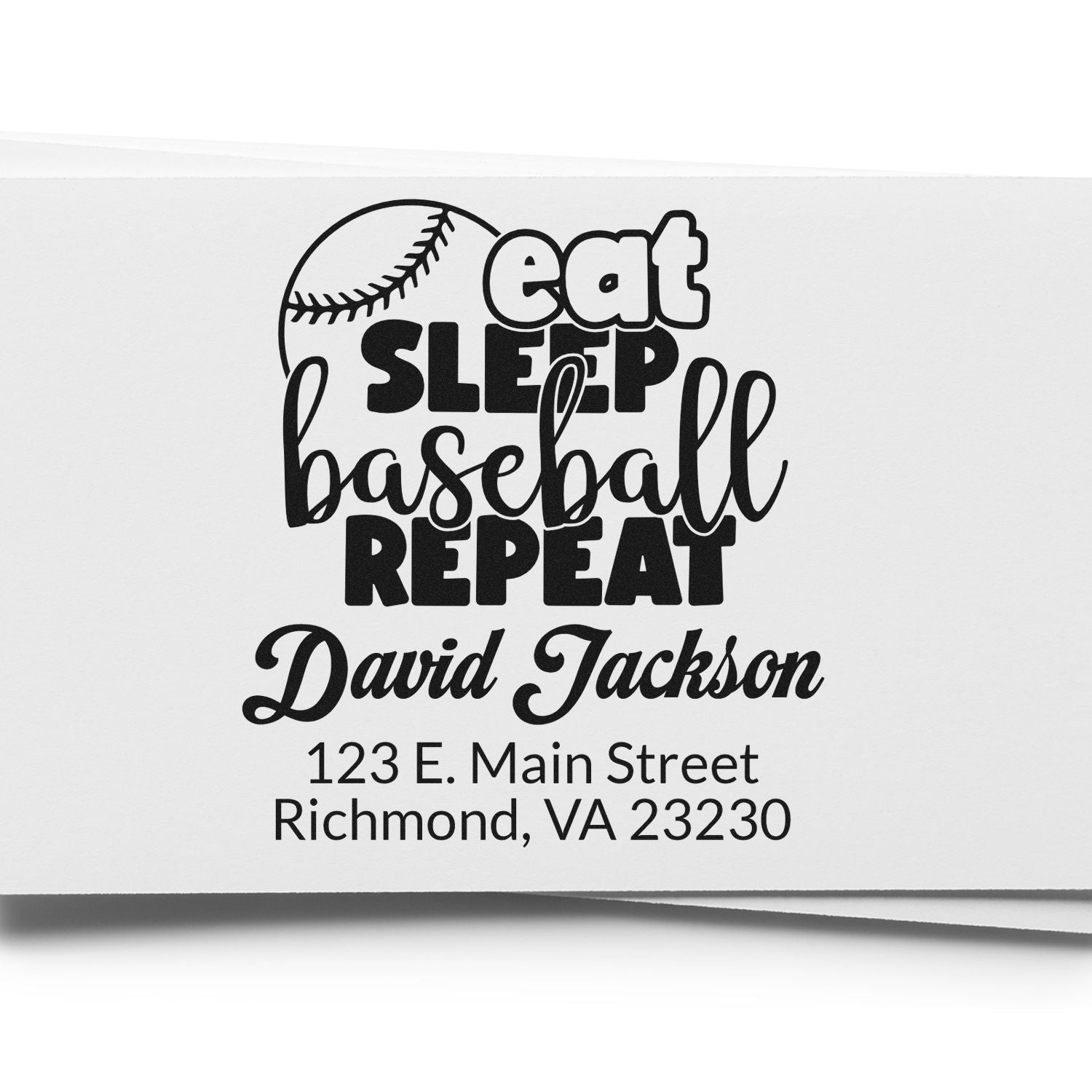 Custom baseball return address stamp with Eat Sleep Baseball Repeat, personalized name, and mailing address.