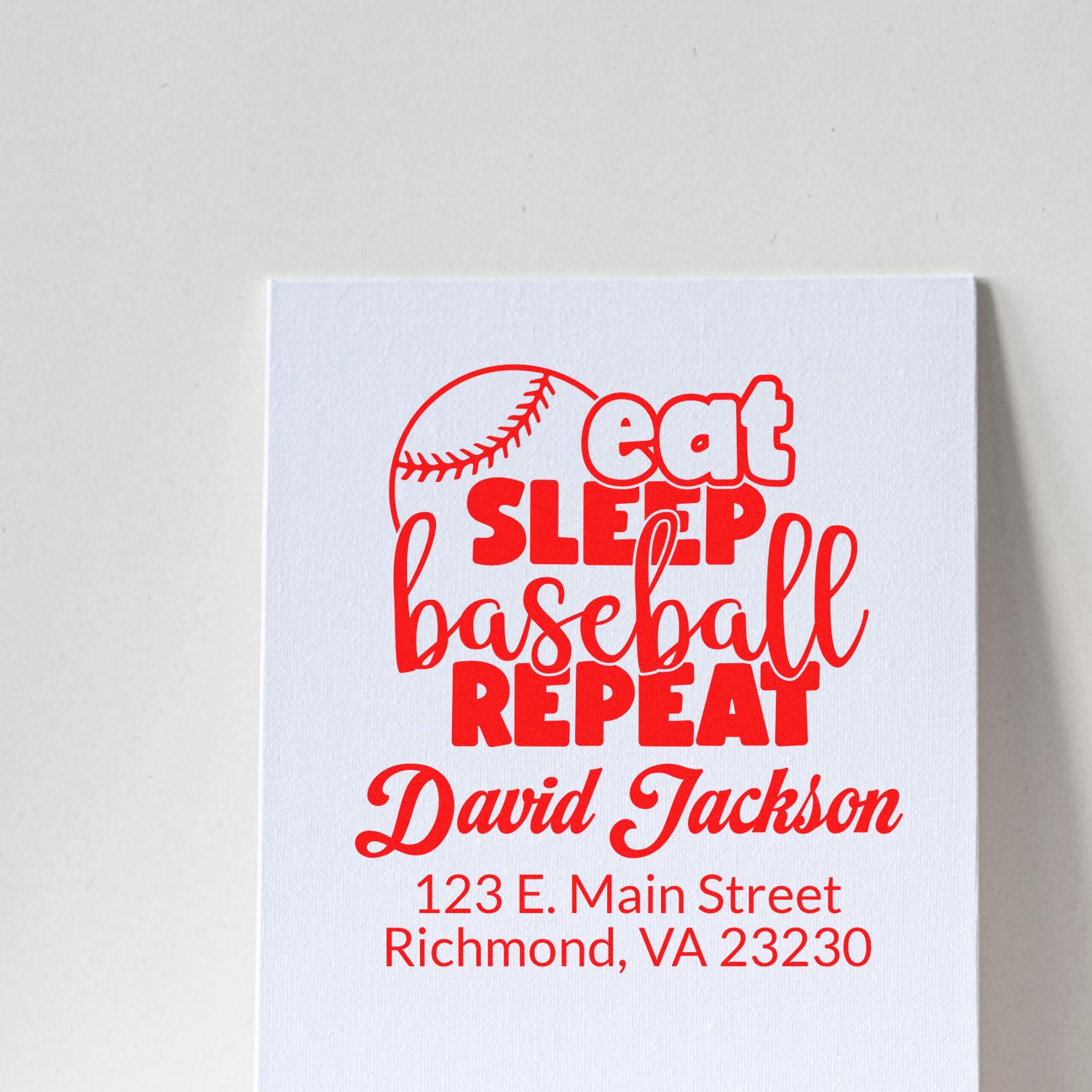 Custom baseball rubber stamp design with Eat Sleep Baseball Repeat, name, and address for a personalized return stamp.