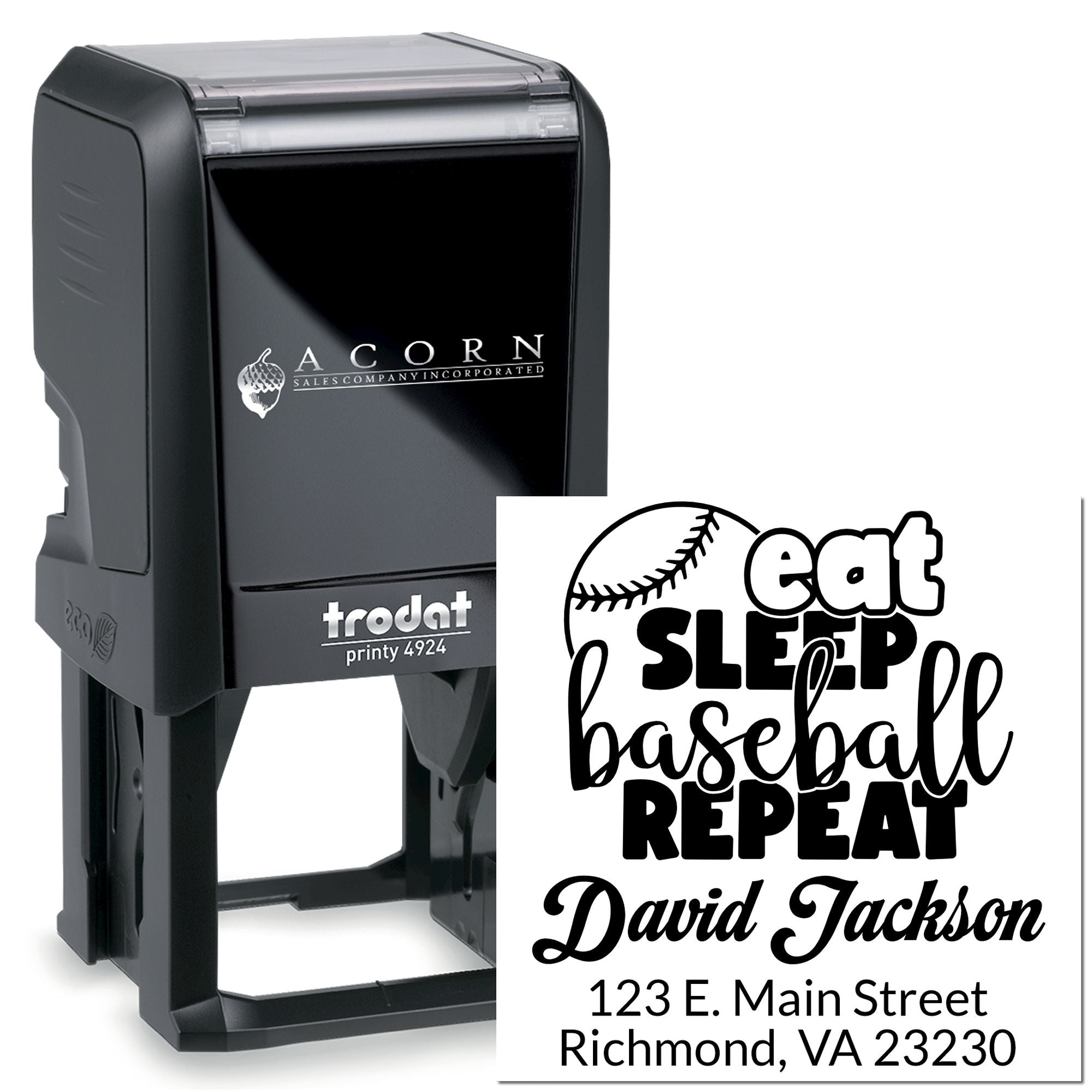 Custom self-inking rubber stamp for baseball fans with Eat Sleep Baseball Repeat name and address imprint.