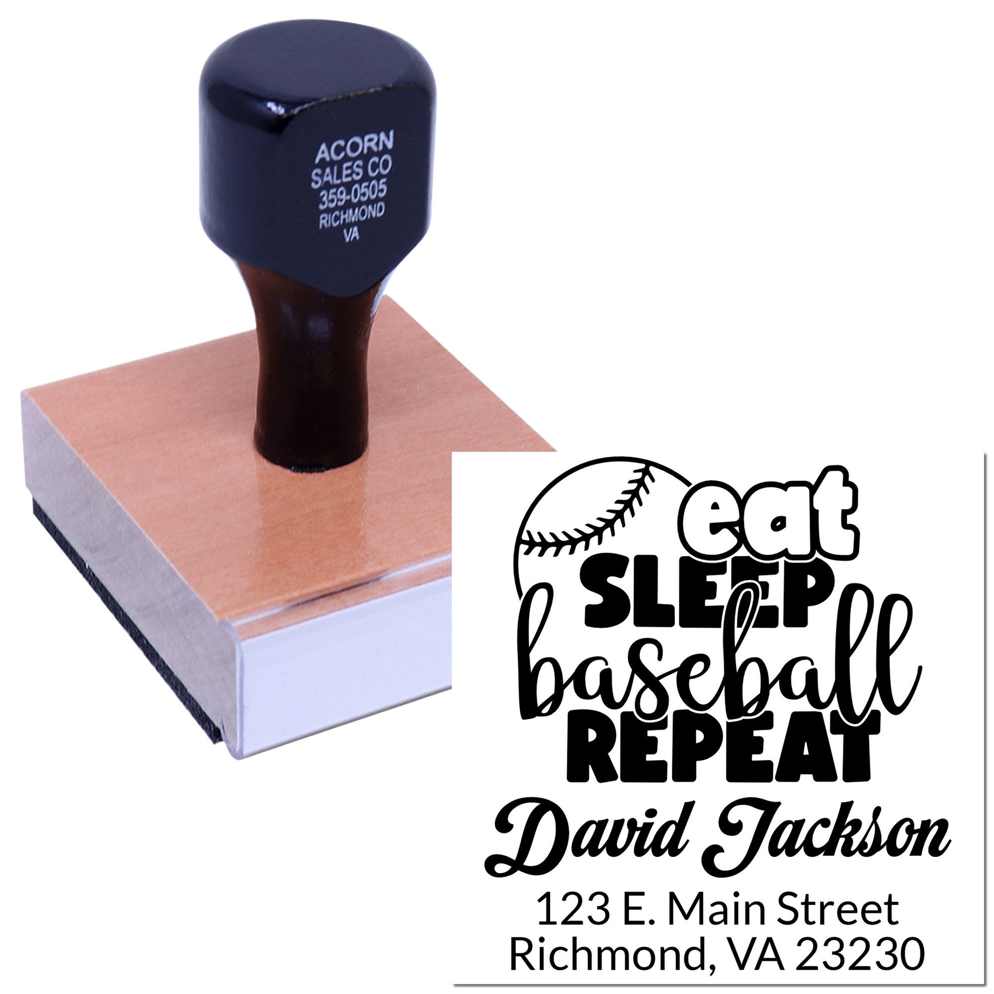 Custom rubber stamp featuring Eat Sleep Baseball Repeat name and Richmond, VA address for personalized mailings.