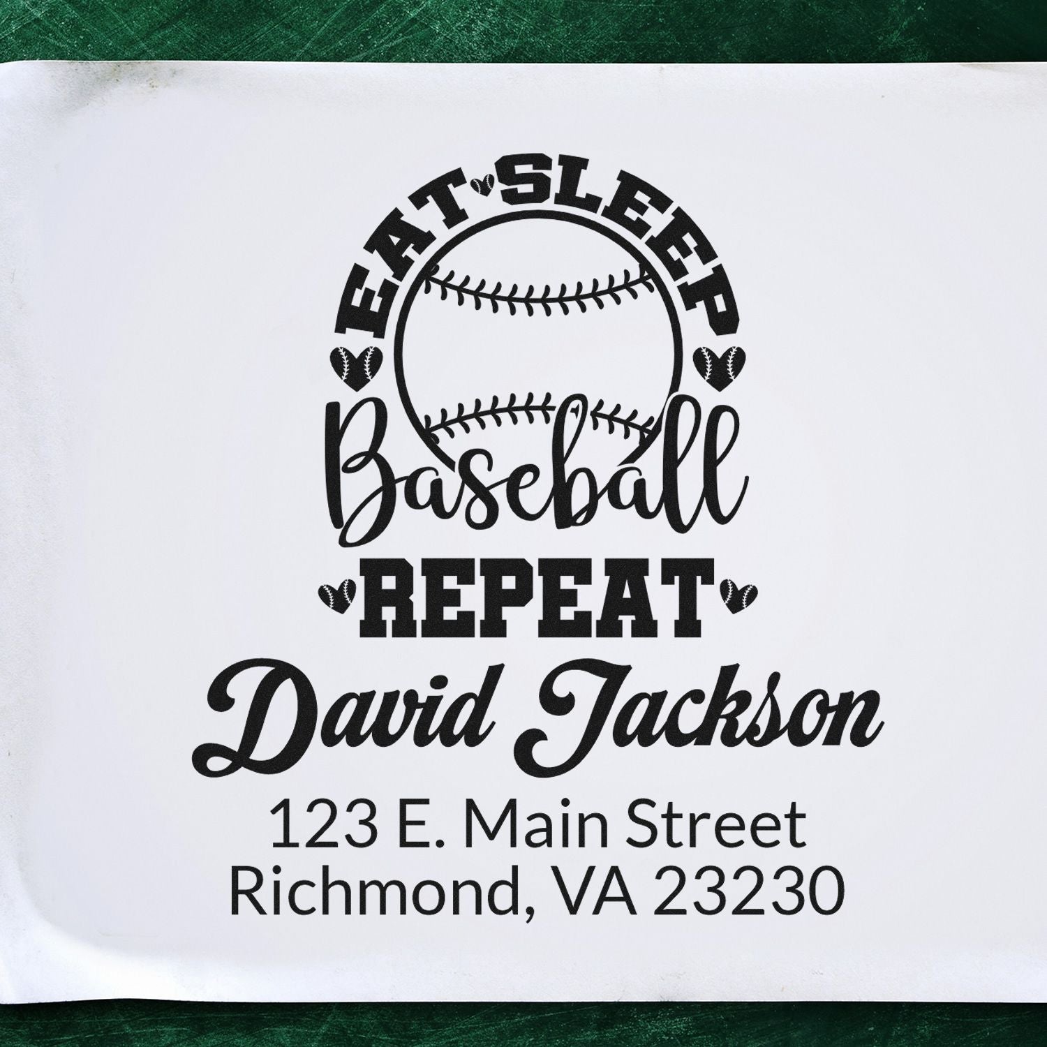 Custom baseball return address rubber stamp with Eat Sleep Baseball for David Jackson, Richmond, VA 23230.