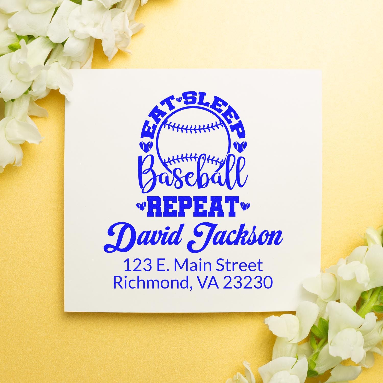 Custom baseball return address rubber stamp with Eat, Sleep, Baseball, Repeat and personalized name.