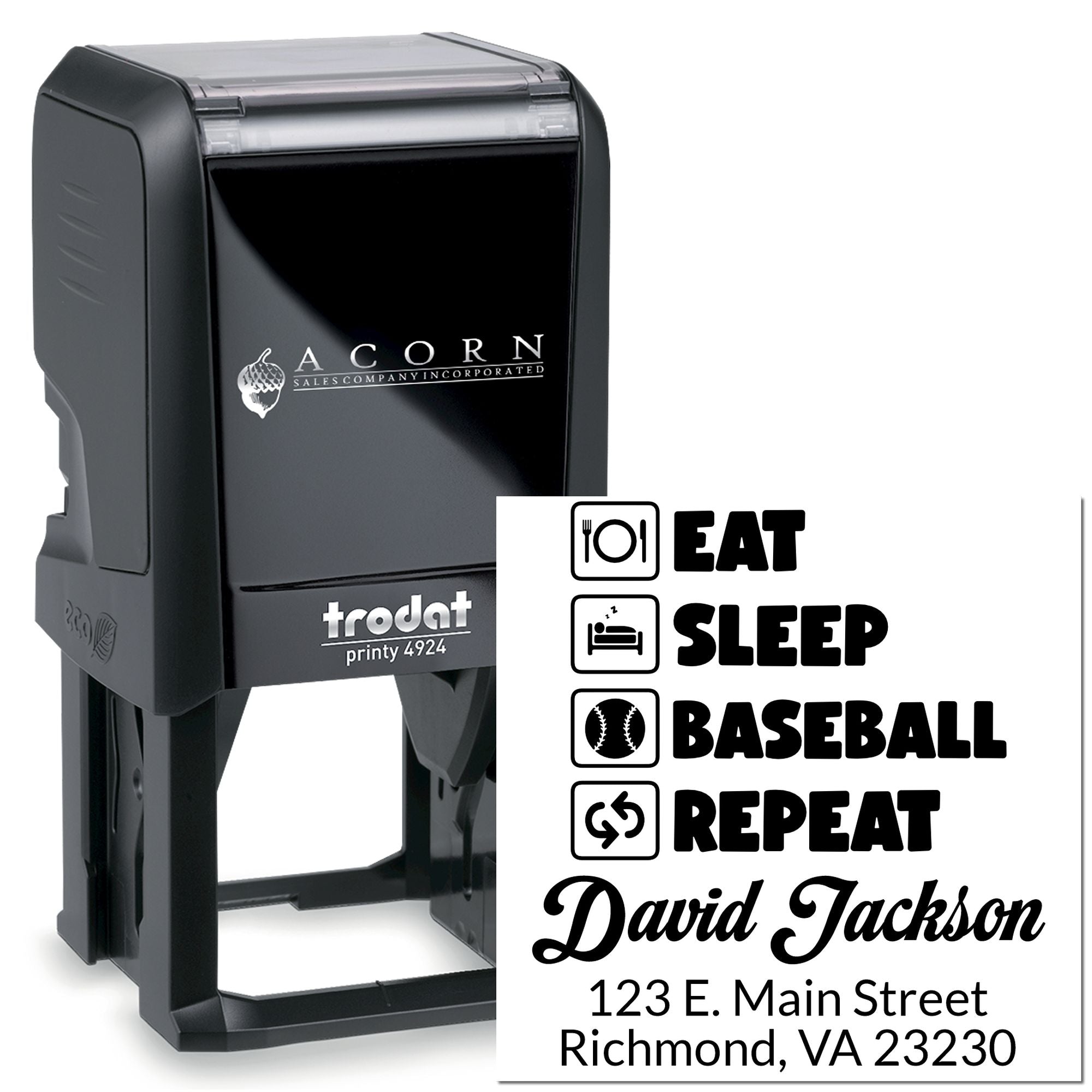 Personalized self-inking rubber stamp with custom logo, icons, name, and address examples on Trodat Printy 4924.