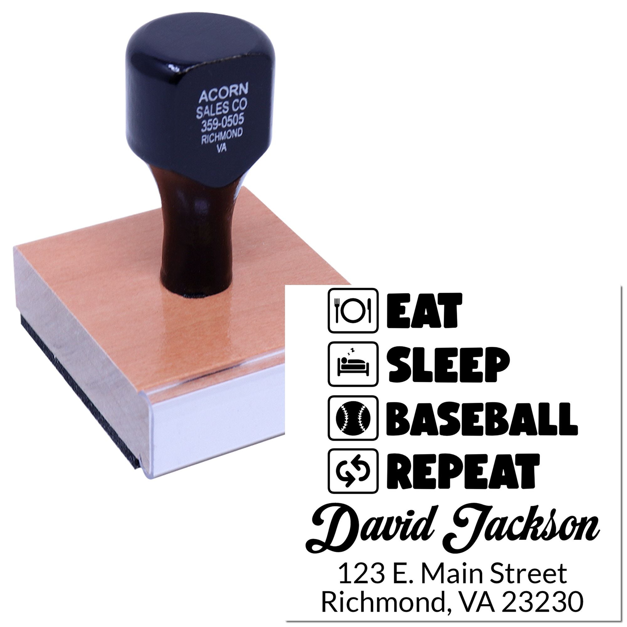 Custom rubber stamp with personalized logo, name and address imprint for business branding, mailing and packaging.