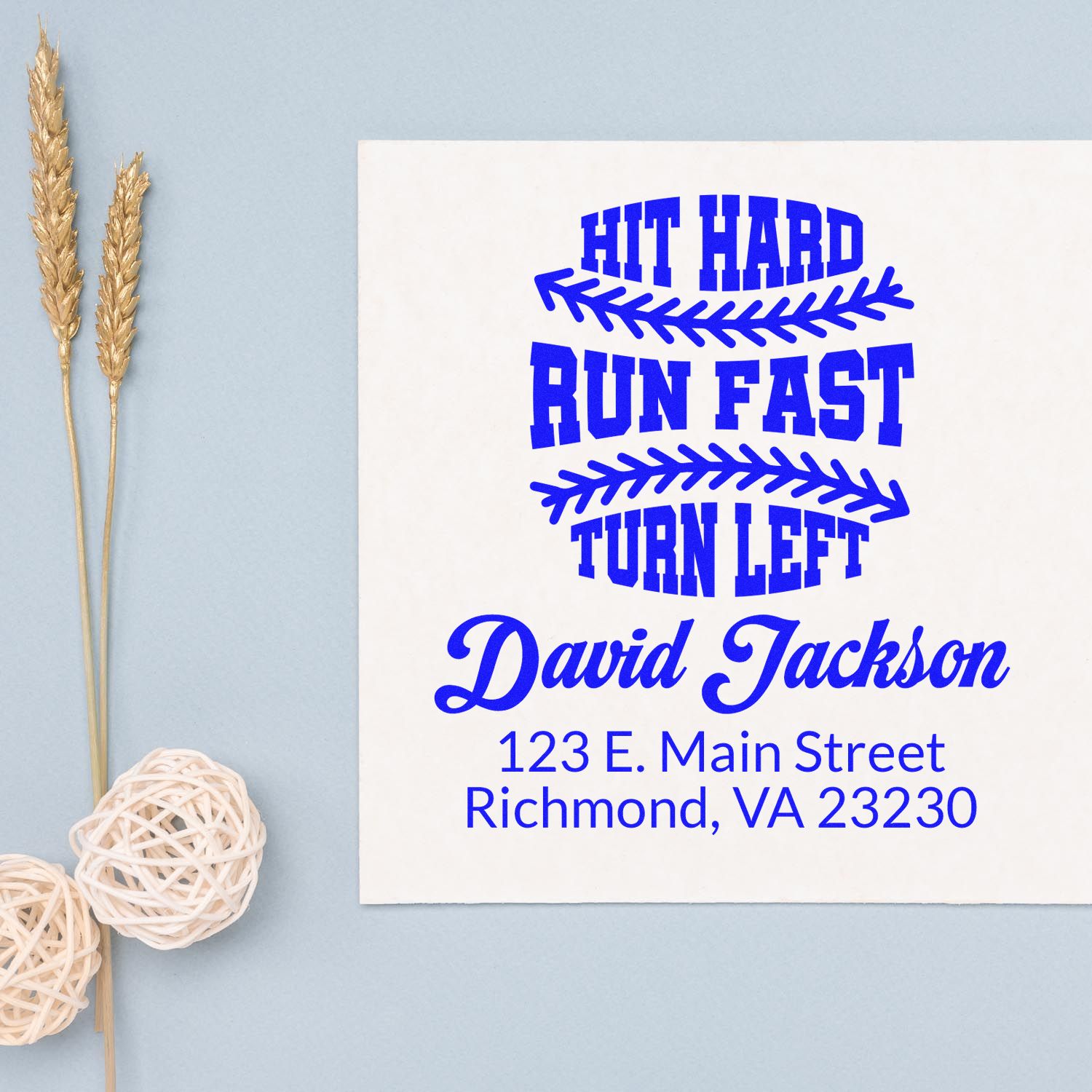 Custom rubber stamp design for runners with Hit Hard, Run Fast, Turn Left, plus personalized name and address.