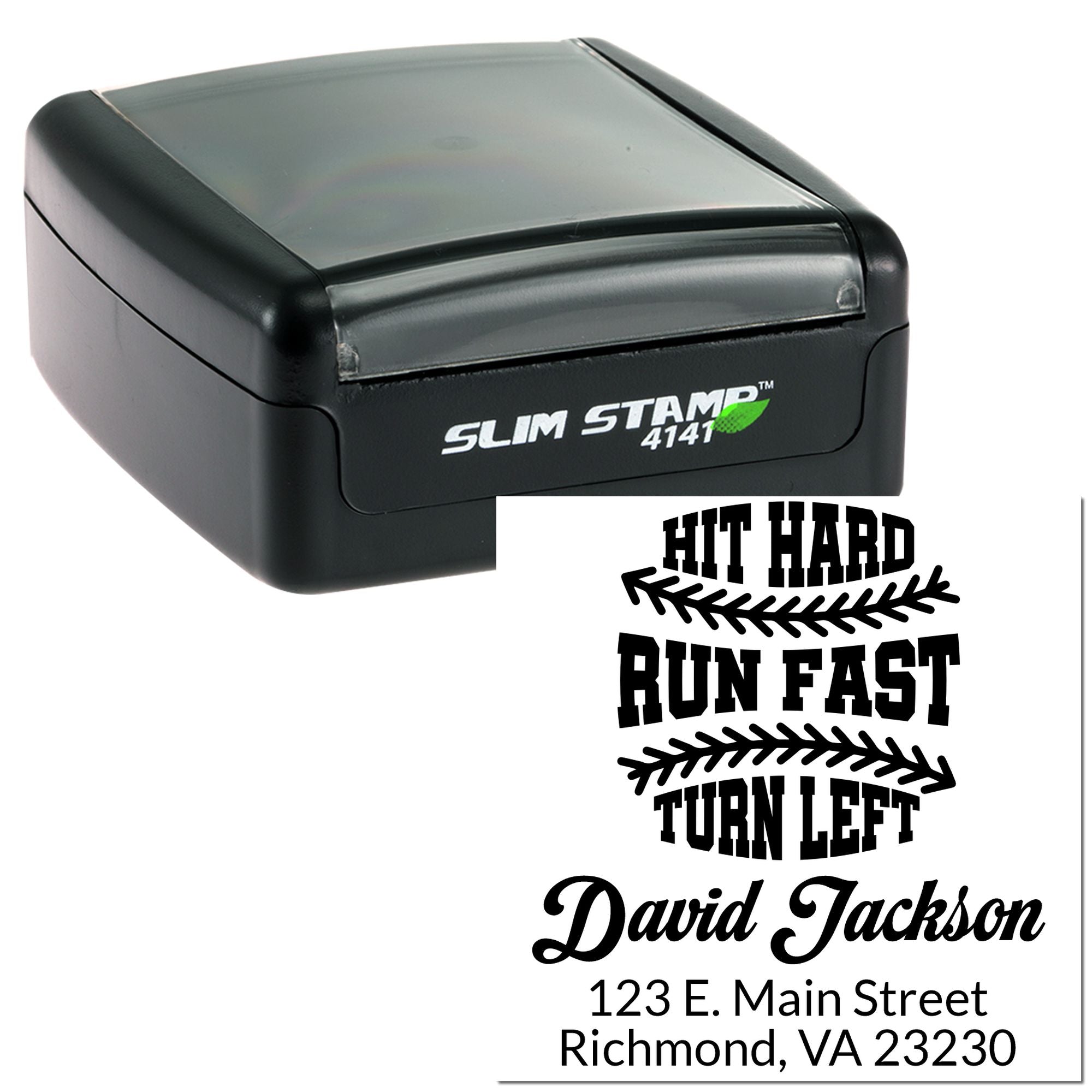 Custom self-inking rubber stamp with baseball quote, name, and return address for personalized mailing and branding.