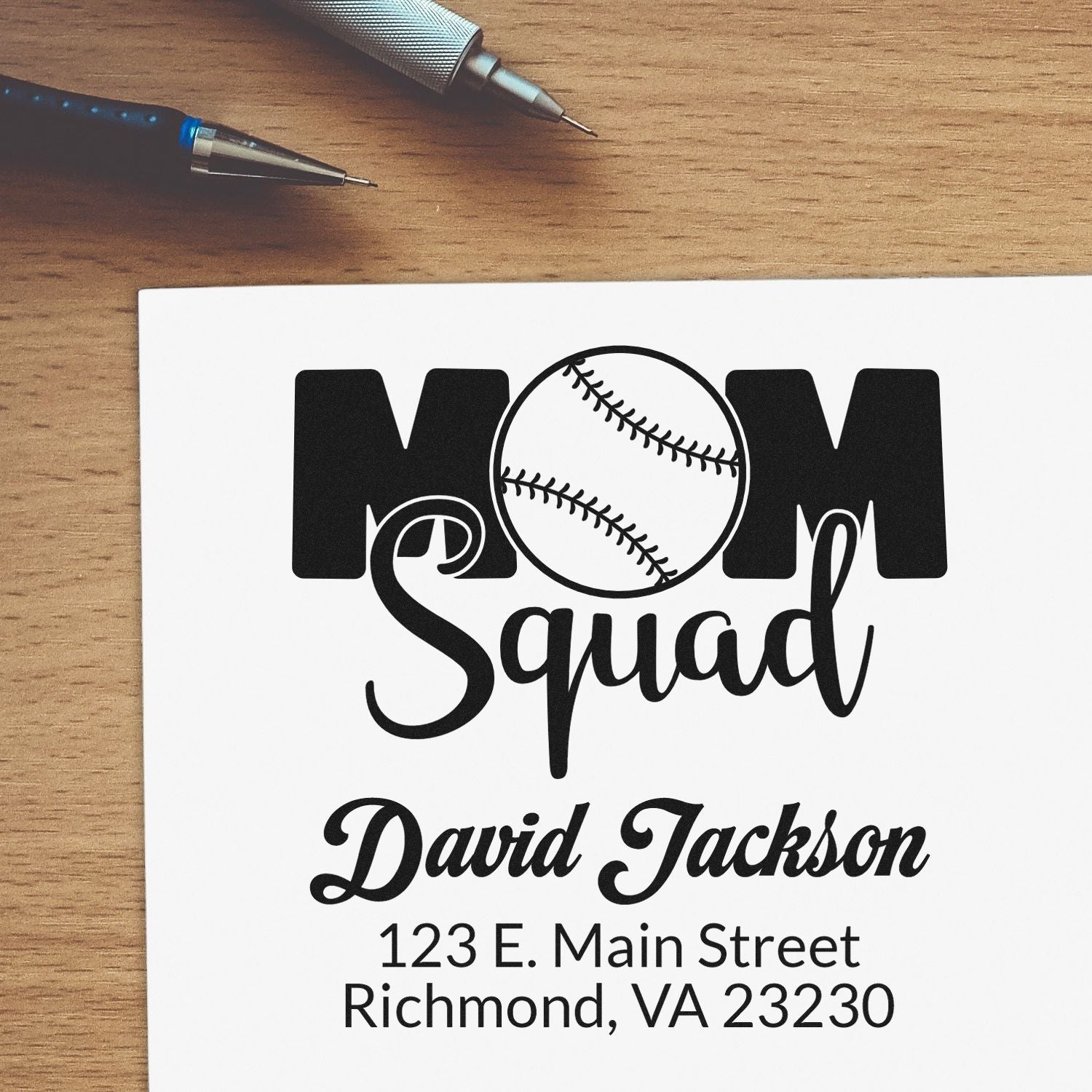 Custom baseball mom squad return address rubber stamp with David Jackson name and Richmond, VA address.