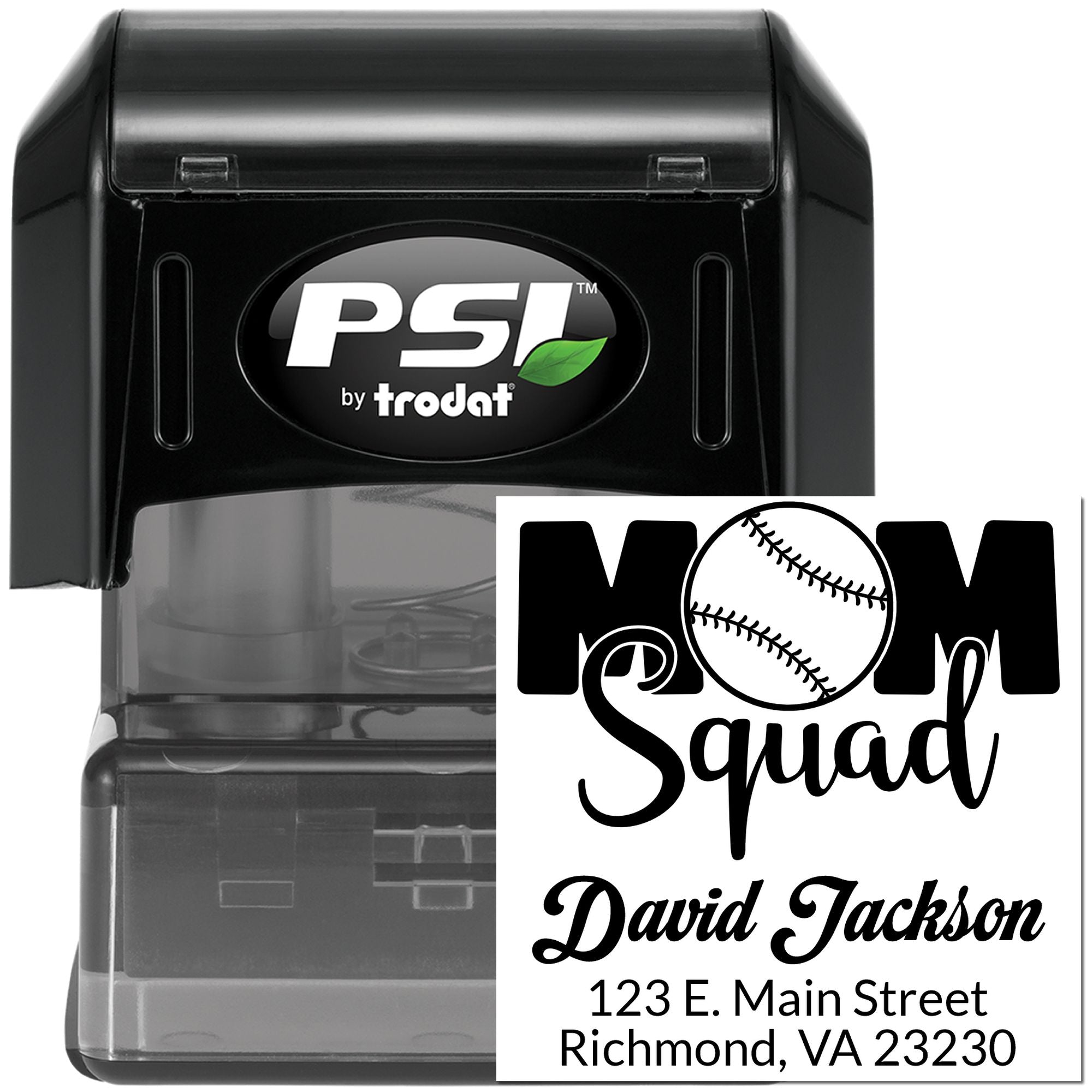 PSI by Trodat self-inking custom rubber stamp with Mom Squad baseball design, personalized name and address.
