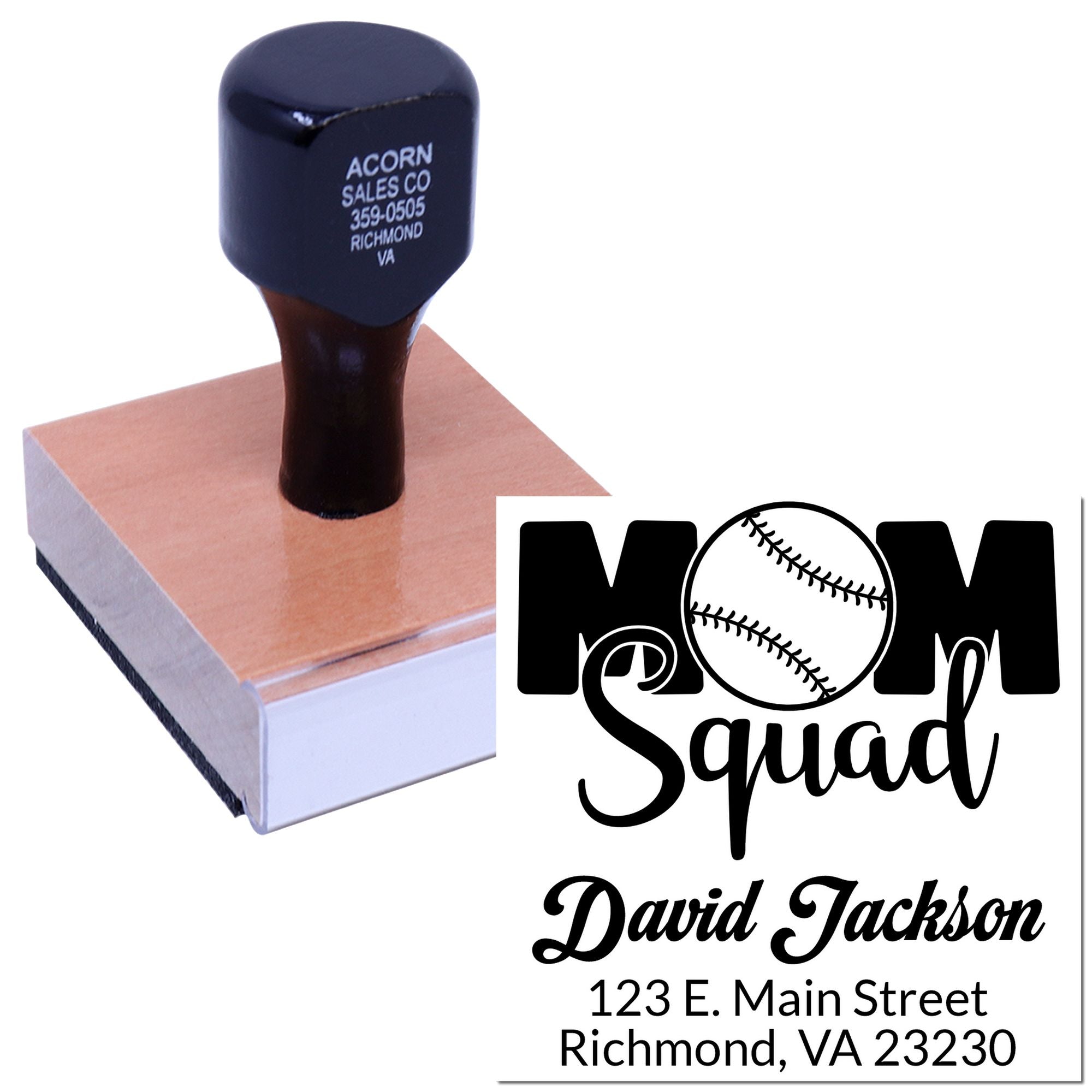 Personalized baseball Mom Squad rubber stamp with name and address for custom mailings