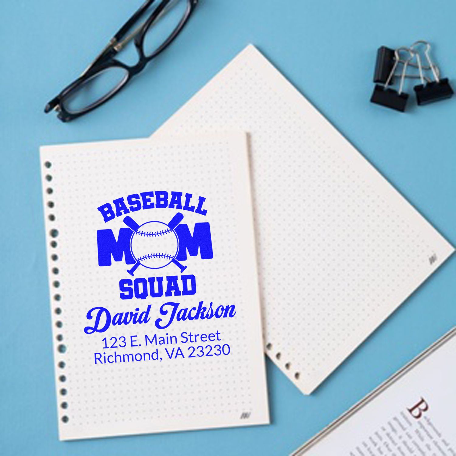 Custom baseball mom rubber stamp with name and address for personalized return address or stationery.