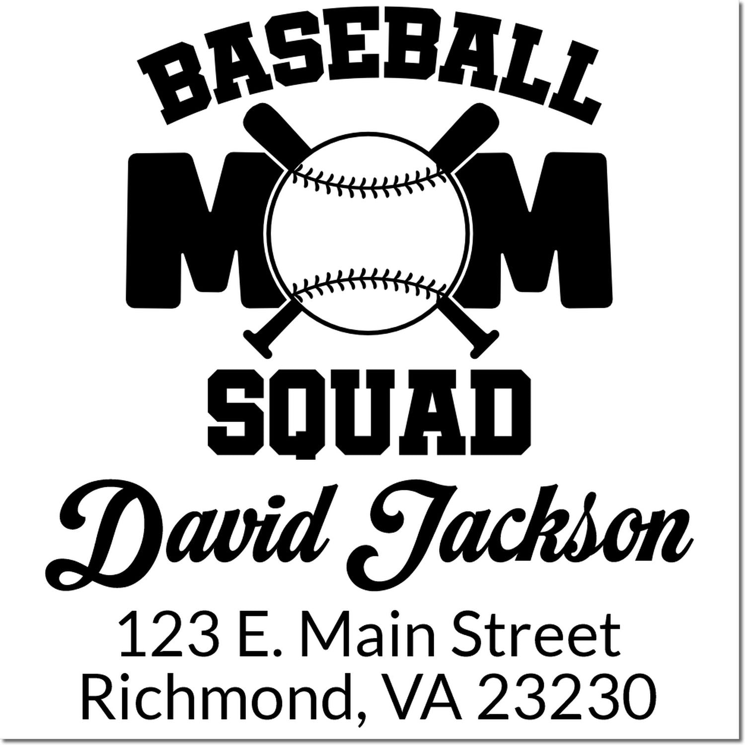 Custom baseball mom squad rubber stamp with David Jackson return address, Richmond, VA 23230.