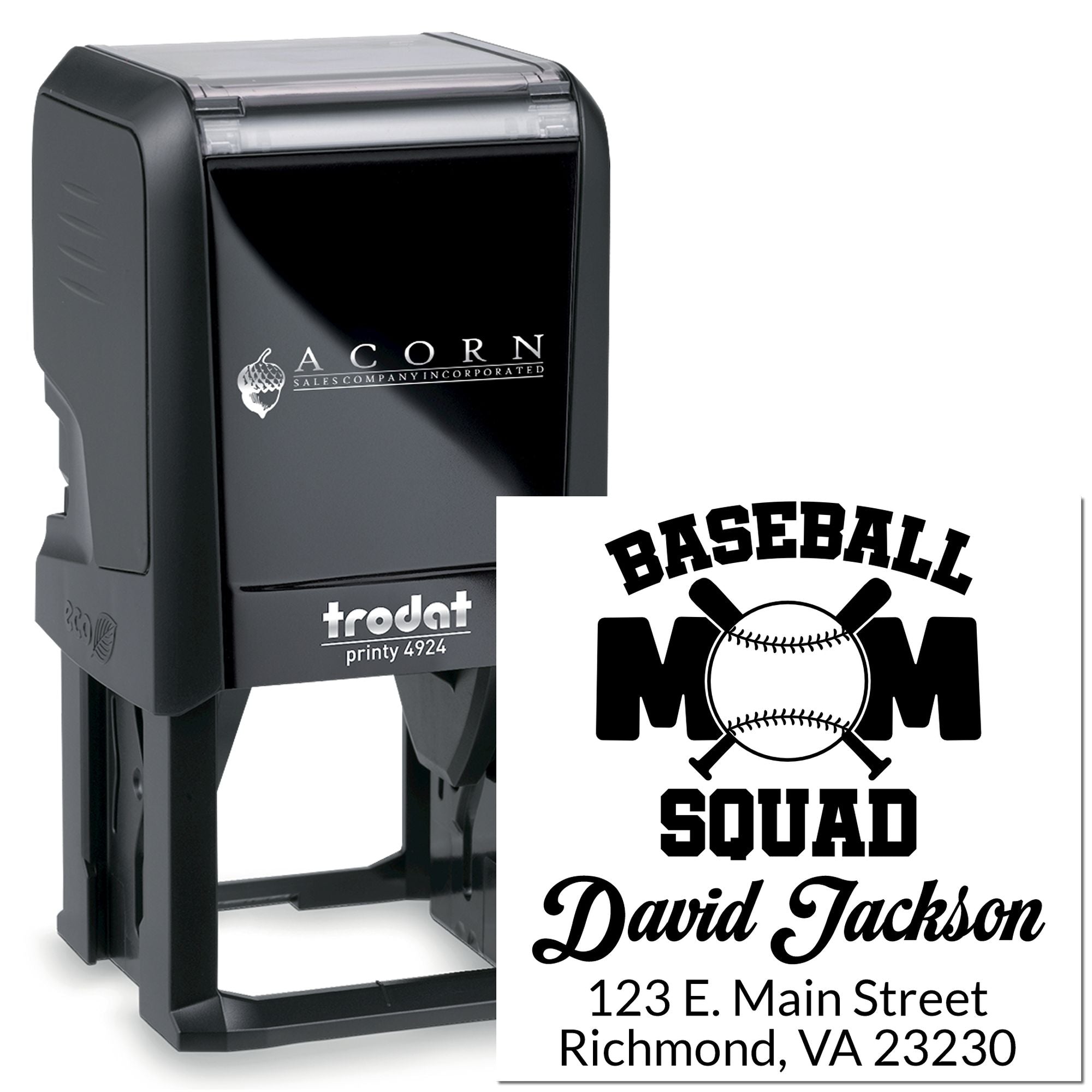 Custom self-inking Trodat Printy 4924 rubber stamp for Baseball Mom Squad return address and name.