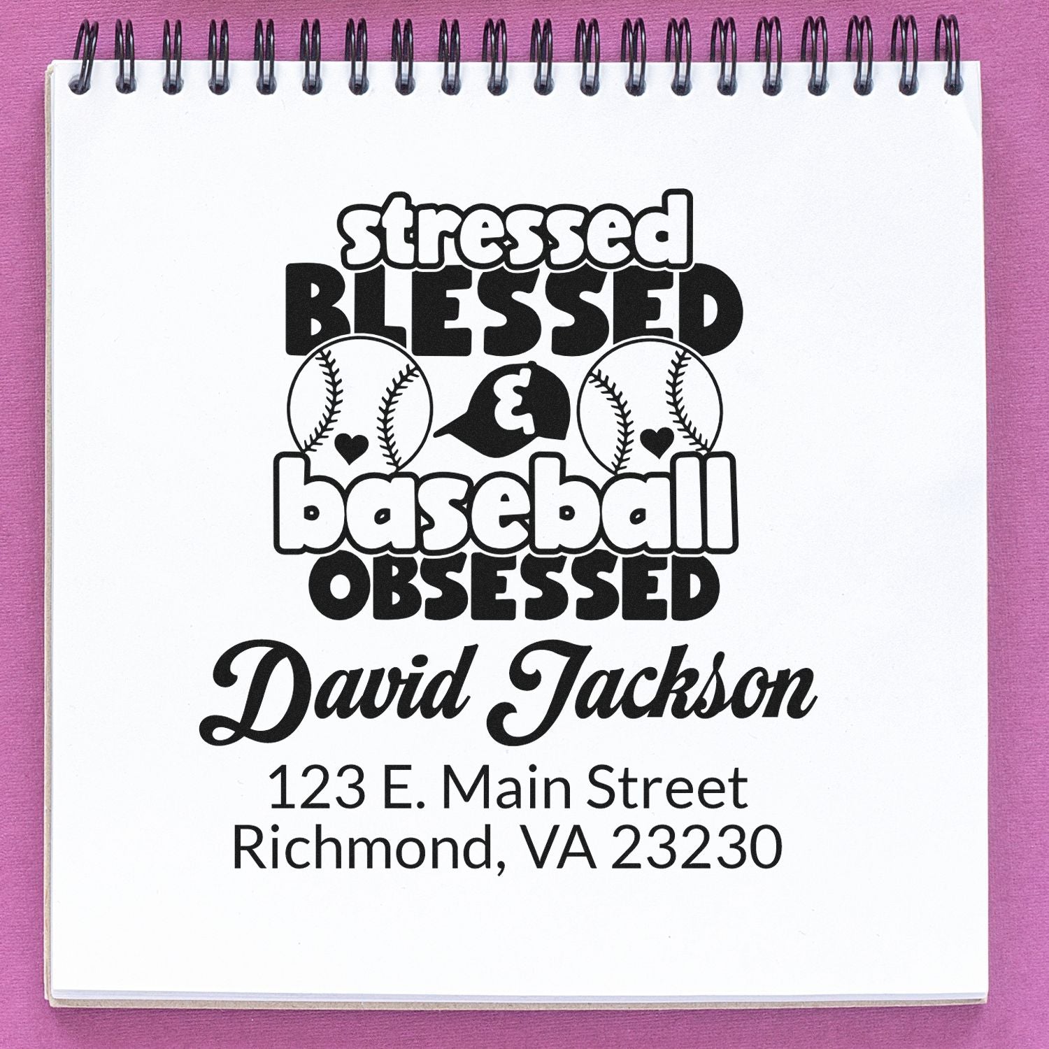 Custom baseball-themed rubber address stamp design reading Stressed Blessed & Baseball Obsessed with name and address.