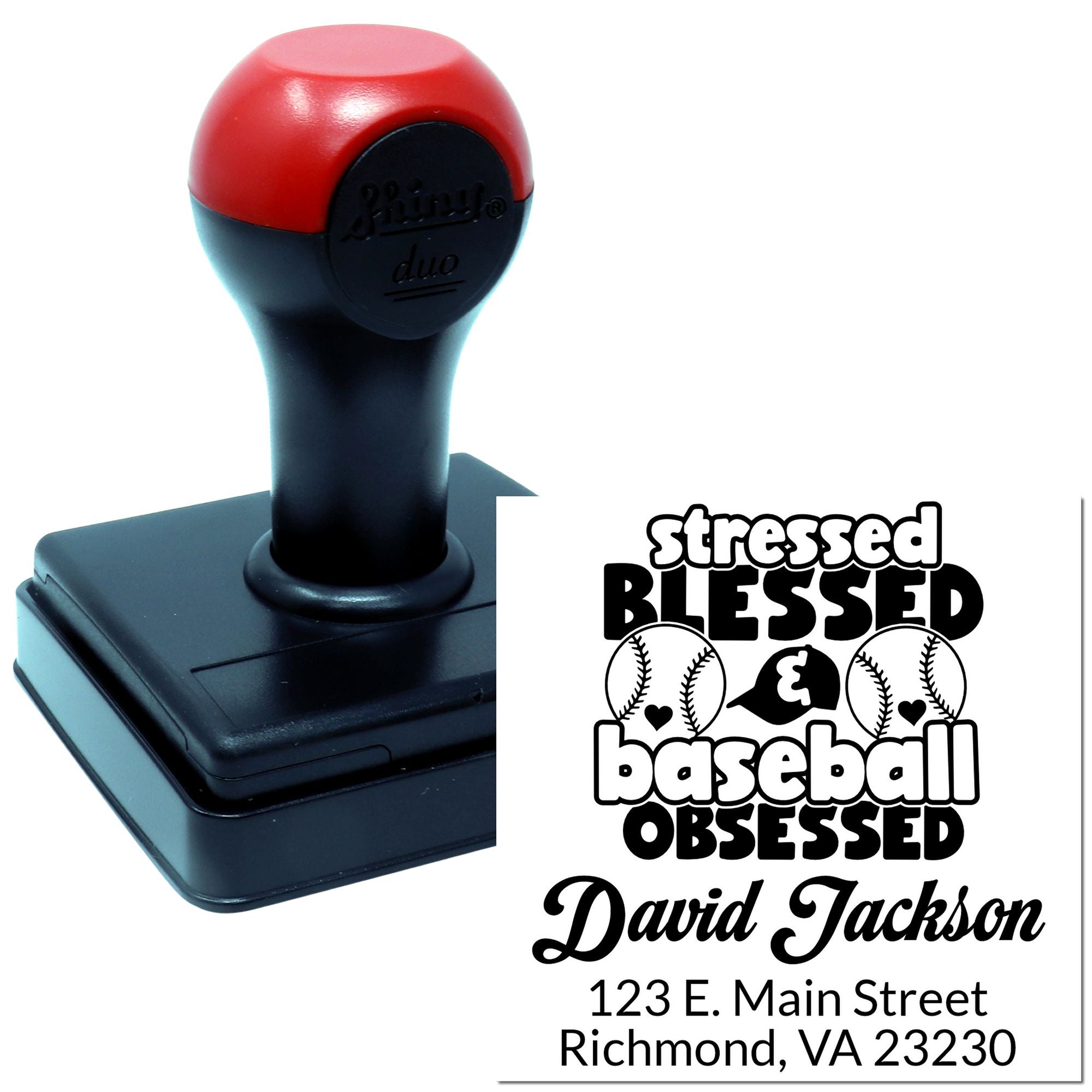Custom self-inking rubber stamp for baseball fans with Stressed, Blessed & Baseball Obsessed personalized name and address design.