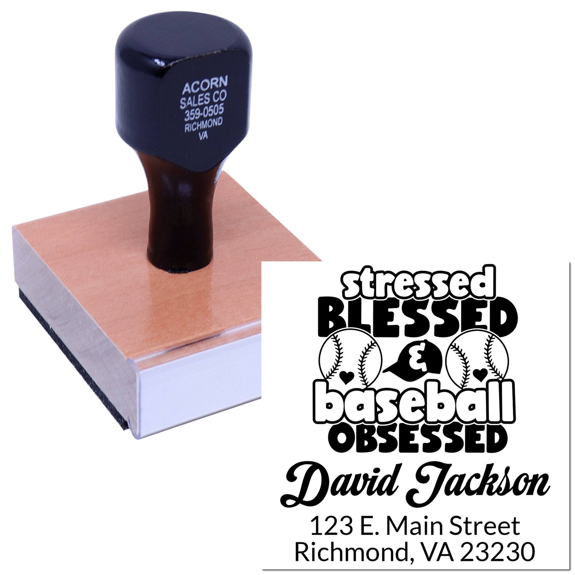 Custom rubber stamp with baseball-themed Stressed Blessed Baseball Obsessed design, personalized name, and return address.