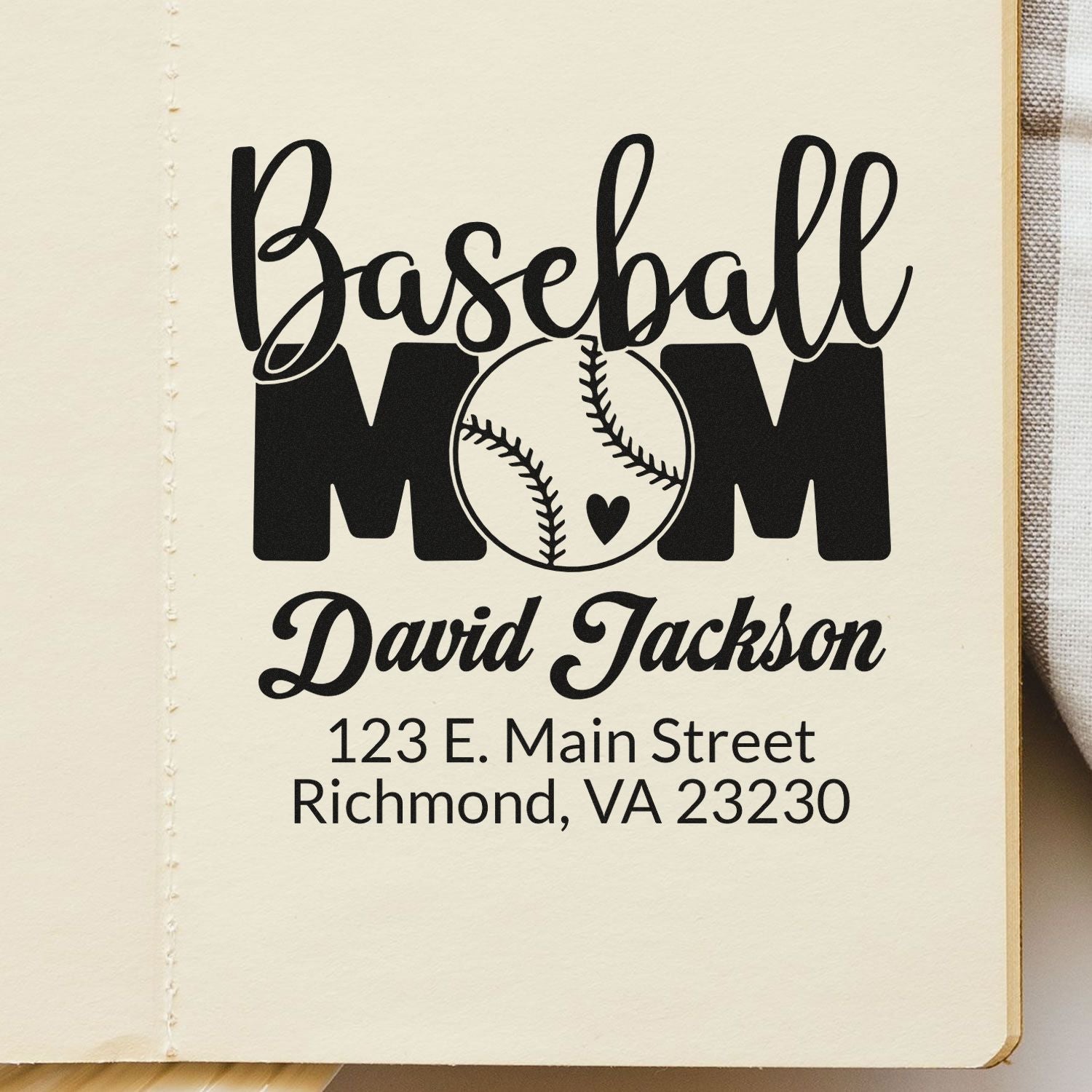 Personalized baseball mom return address rubber stamp with name and Richmond, VA address for envelopes.