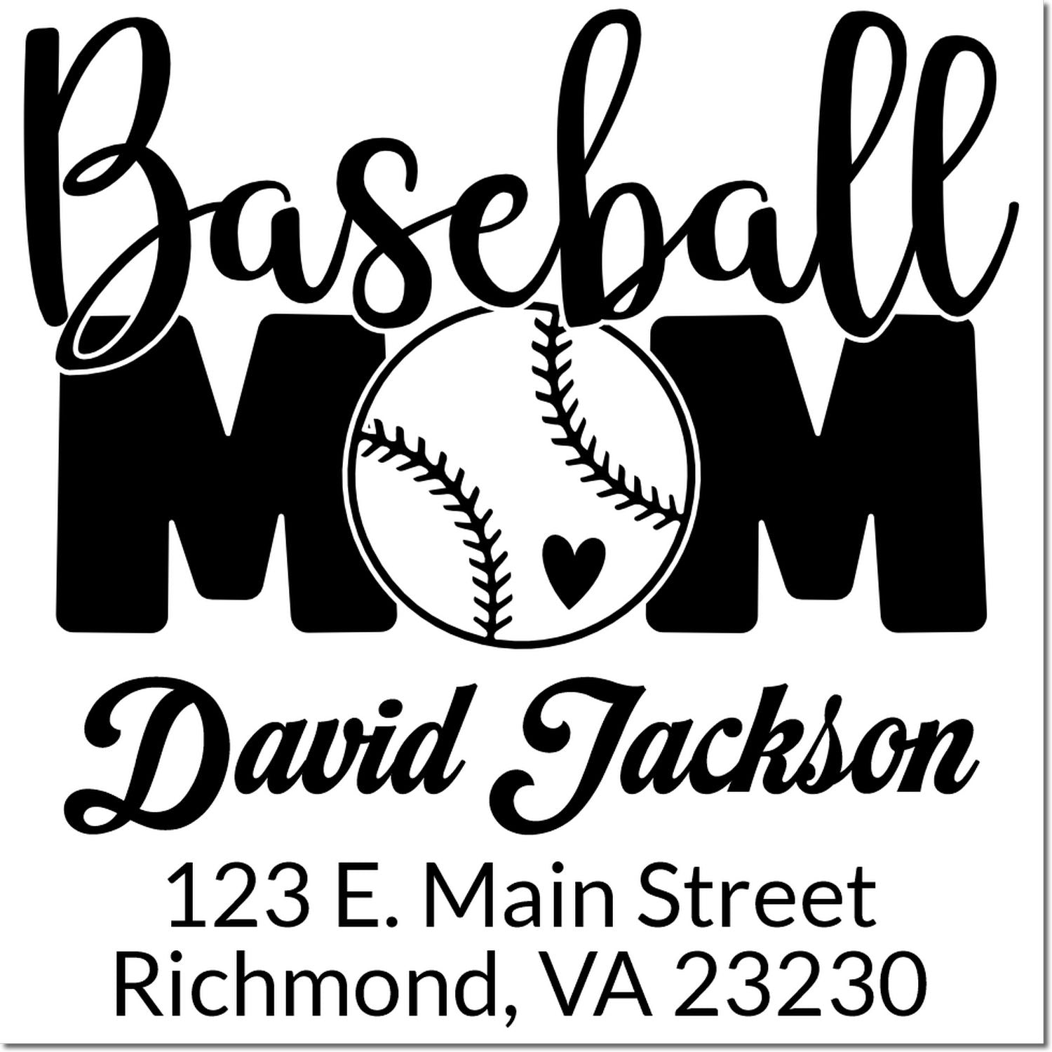 Custom baseball mom rubber stamp with name and address for personalized stationery, invitations, or team gifts.