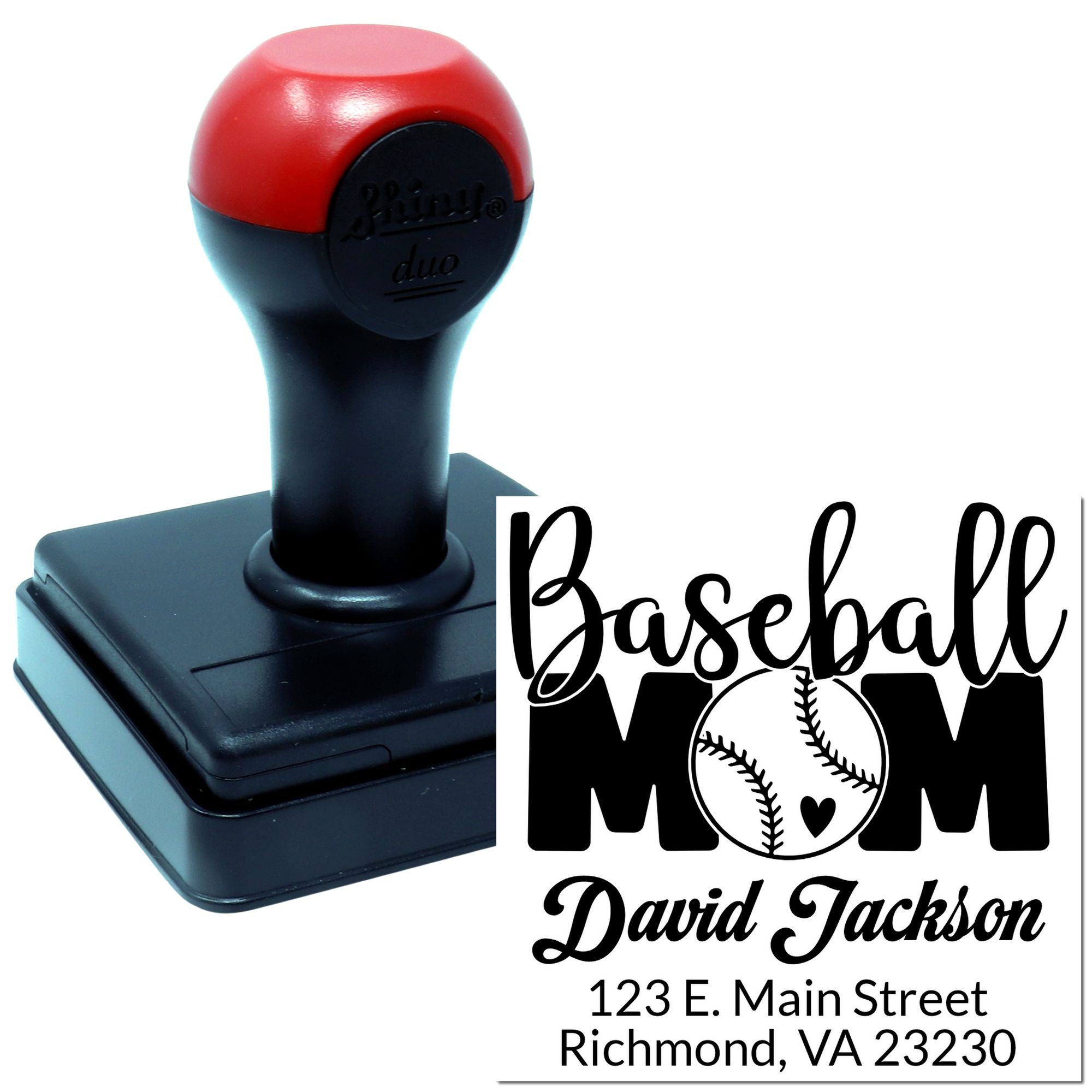 Custom baseball mom self-inking rubber stamp with personalized name and address for mailing and crafts.