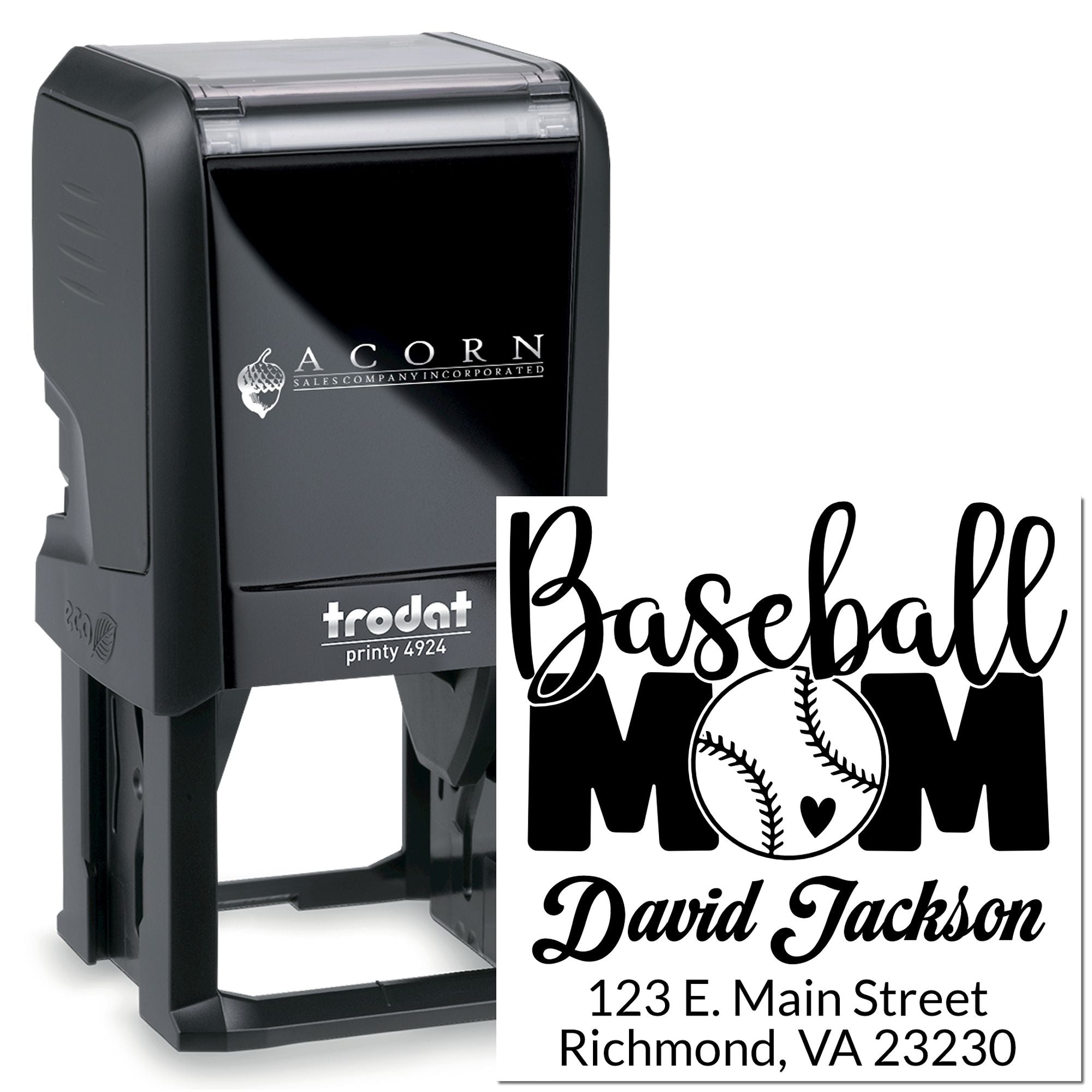 Trodat Printy 4924 custom self-inking baseball mom rubber stamp with name and address for personalized mail.