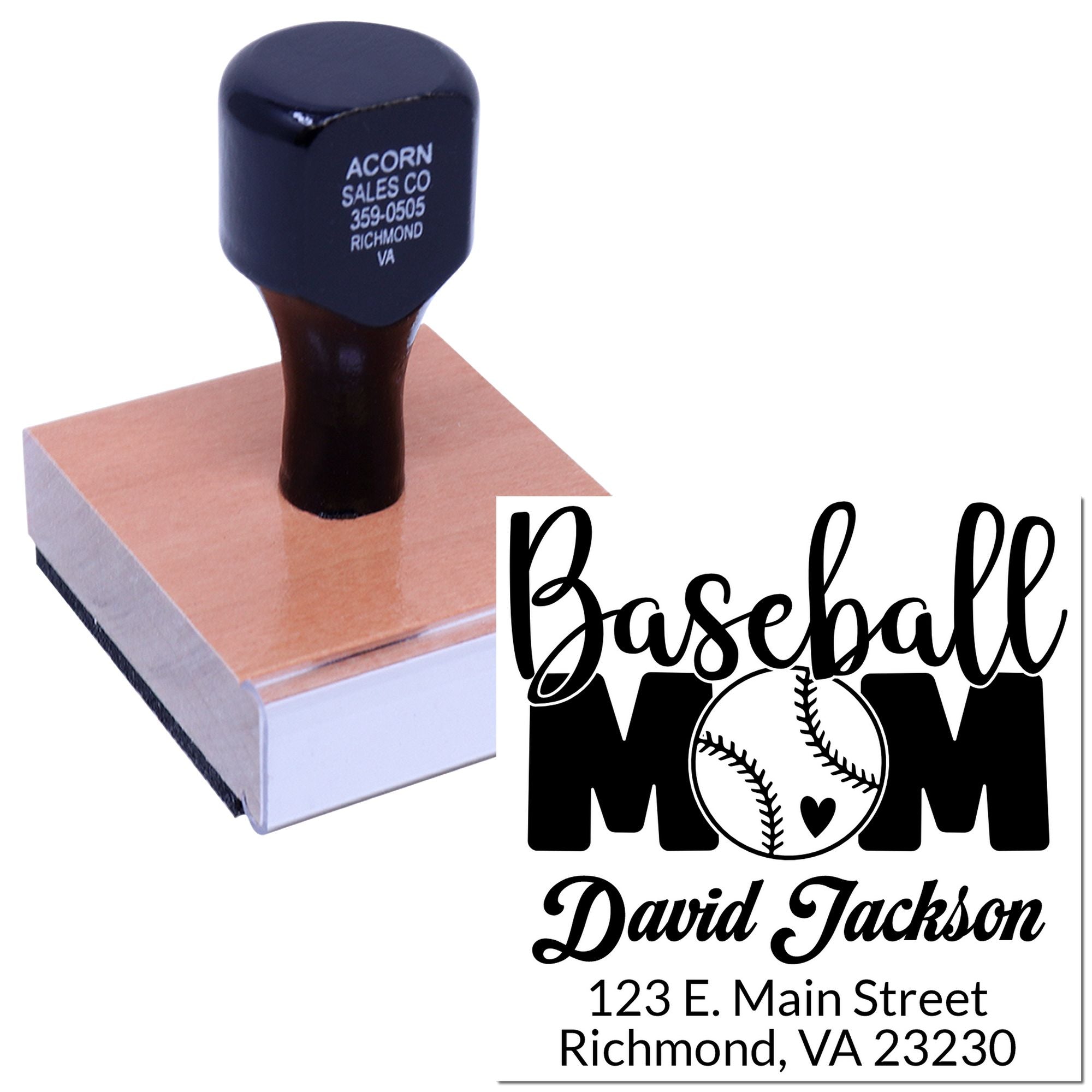 Personalized baseball mom rubber stamp with name and address for crafts, cards, and custom stationery.