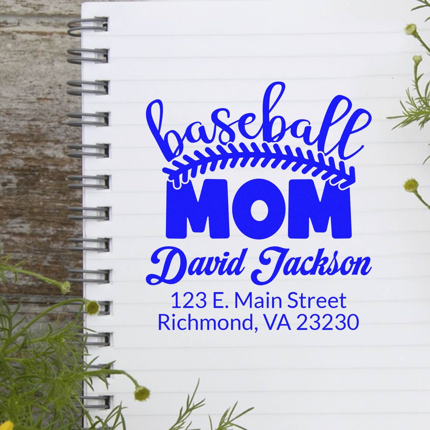 Custom baseball mom rubber stamp with name and address for personalized stationery, envelopes, and gifts.