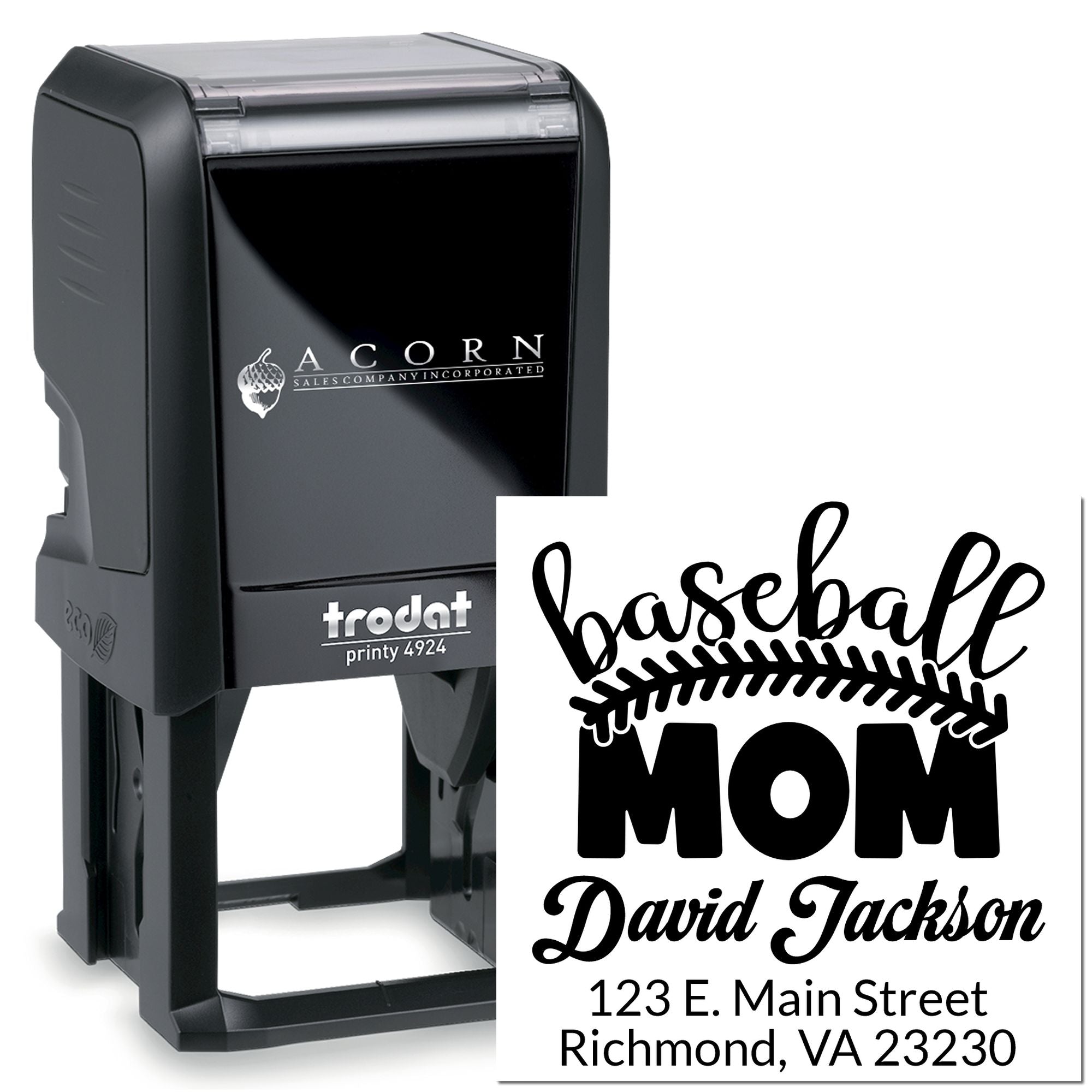 Custom self-inking rubber stamp with baseball mom design, name, and address for personalized mailing and craft use.