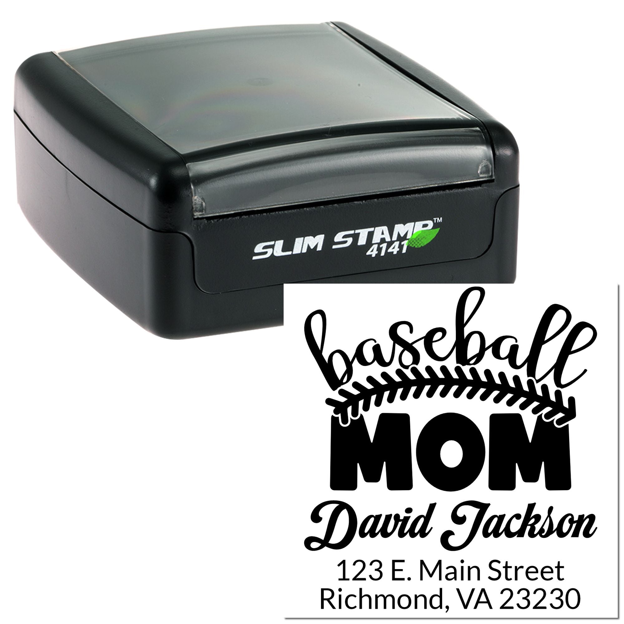 Personalized baseball mom address rubber stamp with custom name and address for mailing and crafts.