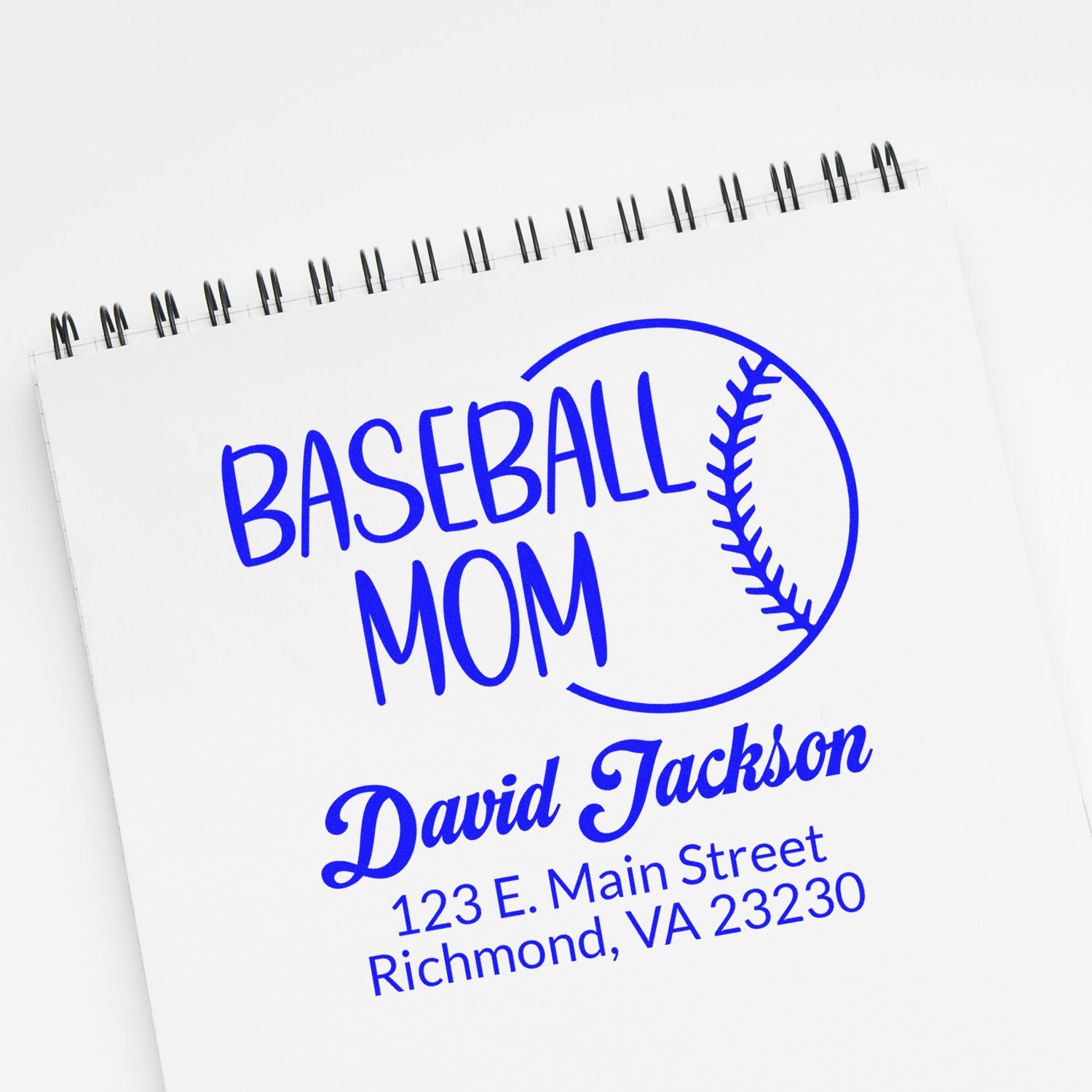 Custom Baseball Mom rubber stamp with baseball graphic and personalized return address for sports stationery.