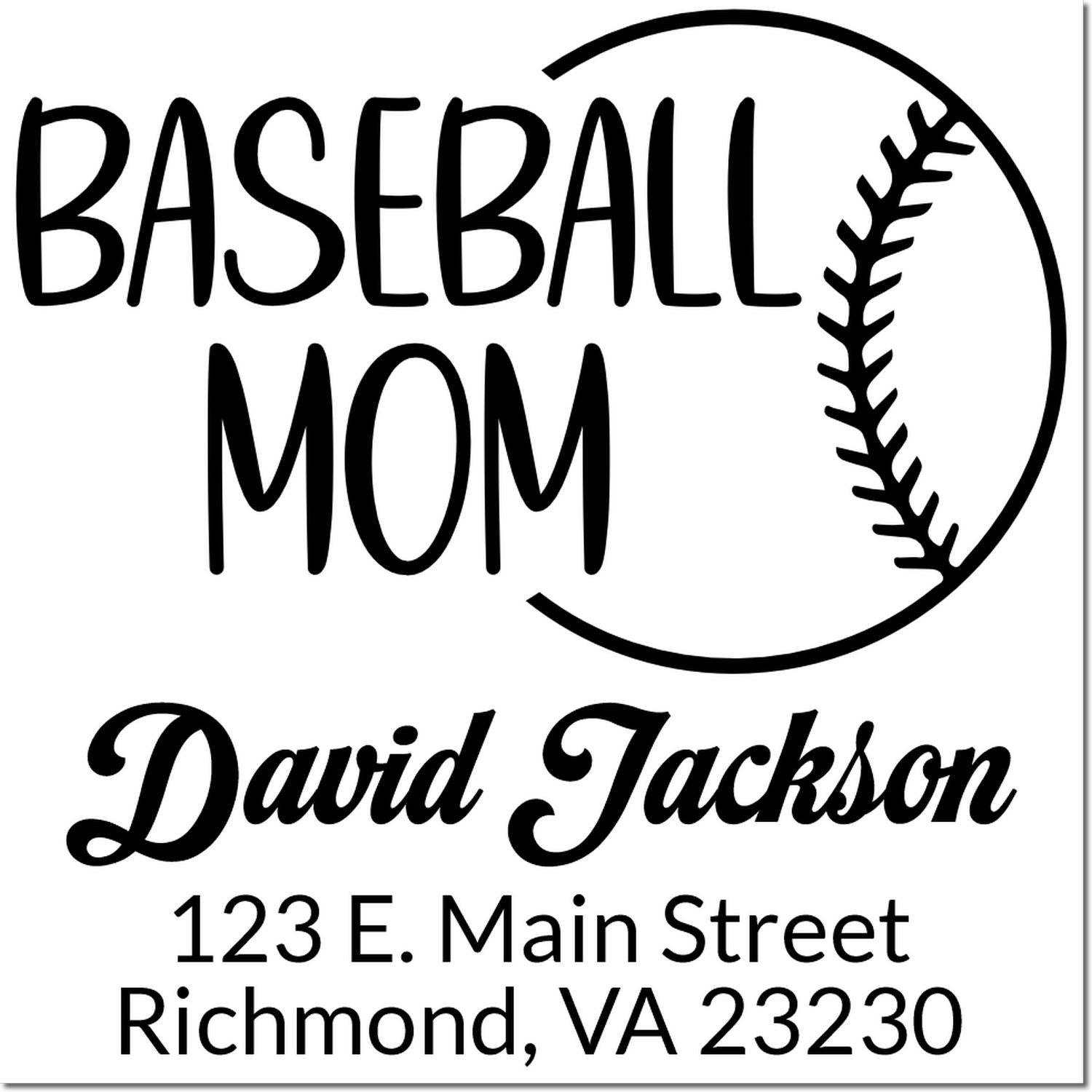 Custom baseball mom rubber stamp with David Jackson return address for Richmond, VA mailings and sports-themed stationery.