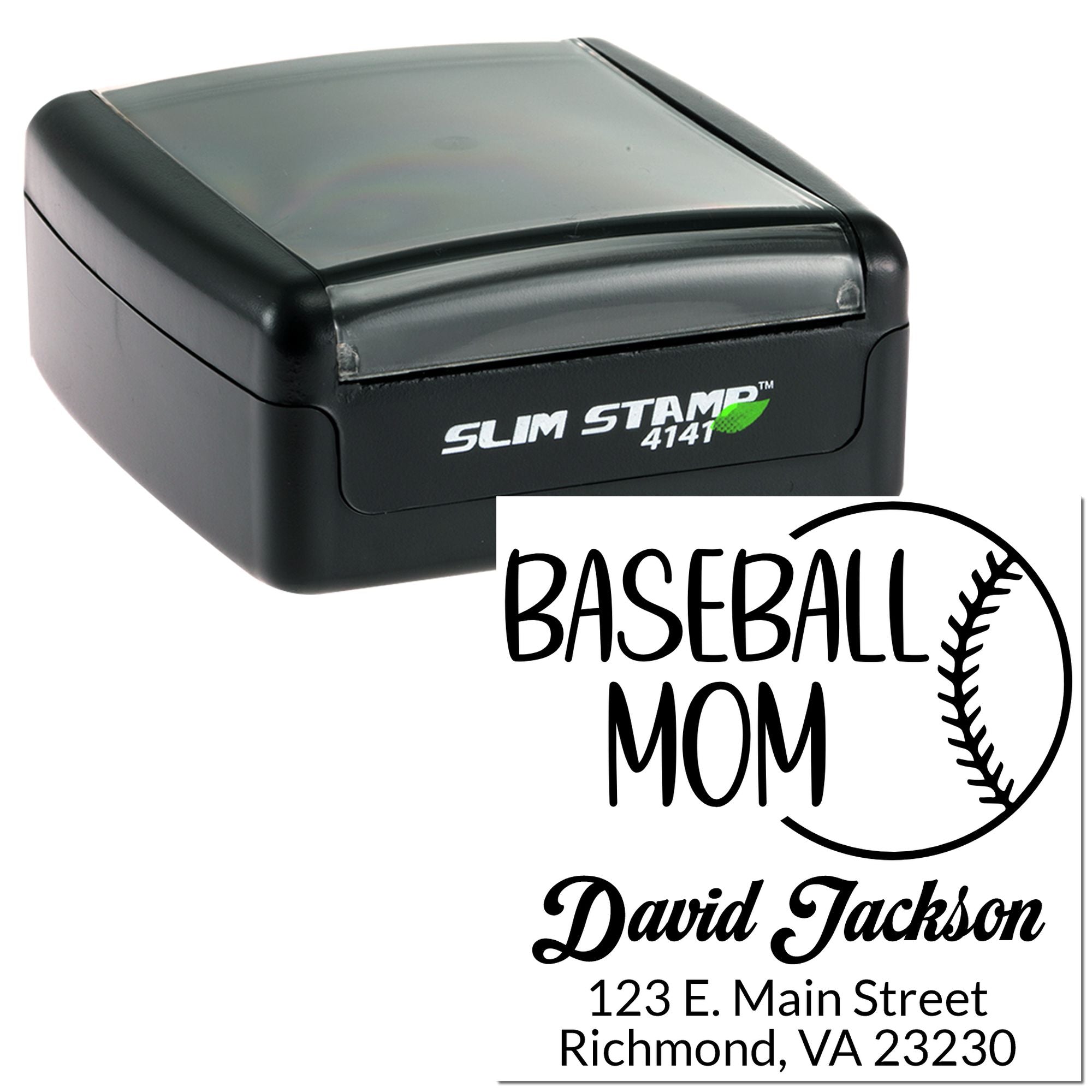 Self-inking custom baseball mom rubber stamp with name and address for personalized return address stamping.