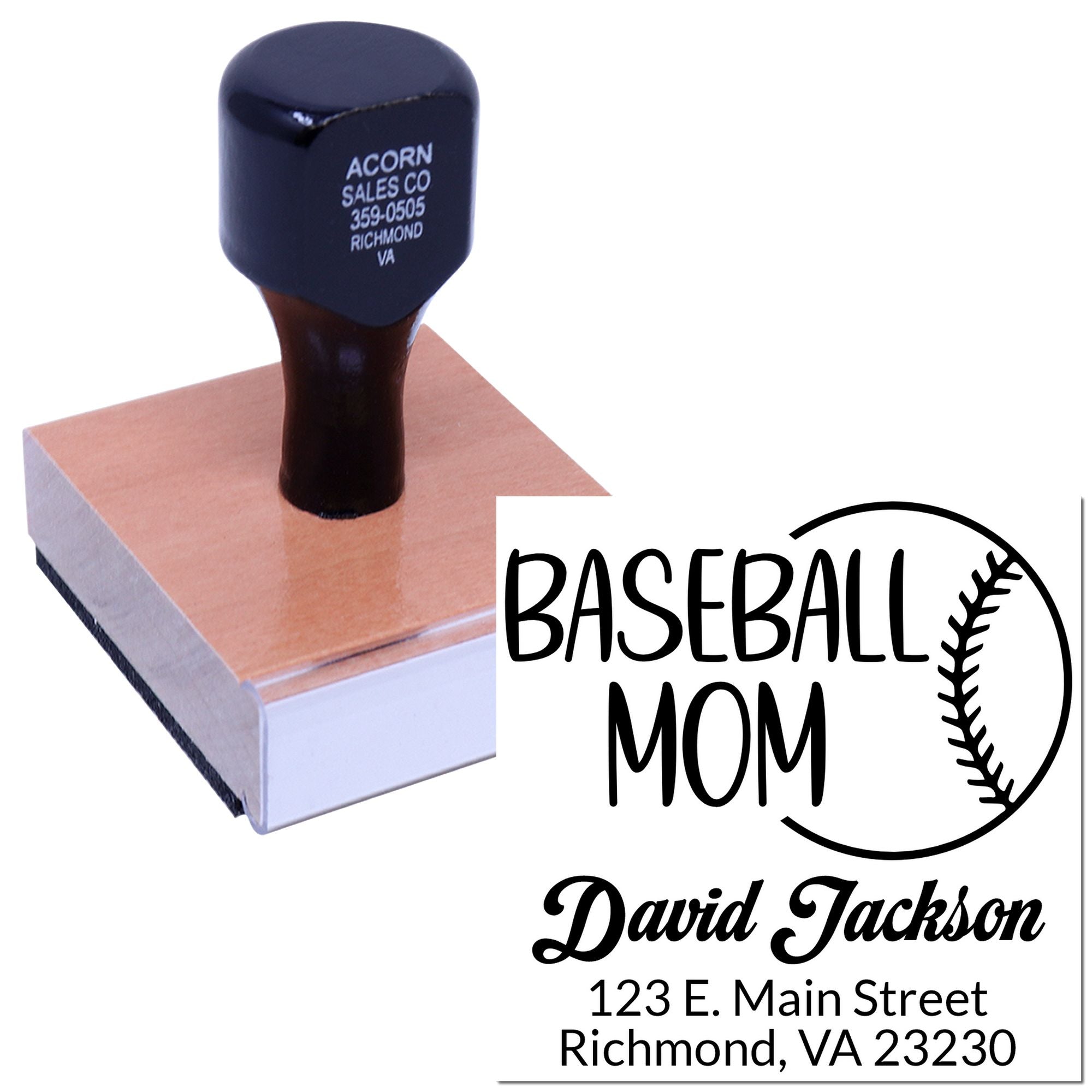 Custom baseball mom rubber stamp with name and address for personalized mailing and team support stationery.