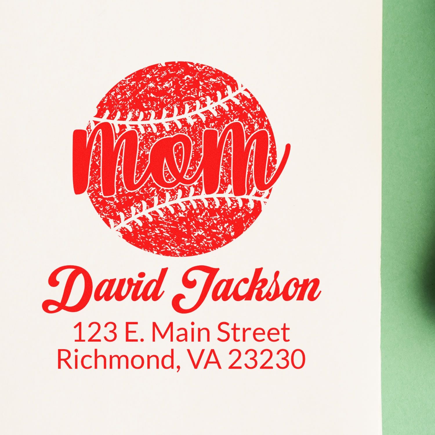 Custom baseball mom address rubber stamp design with David Jackson name and Richmond, VA return address.