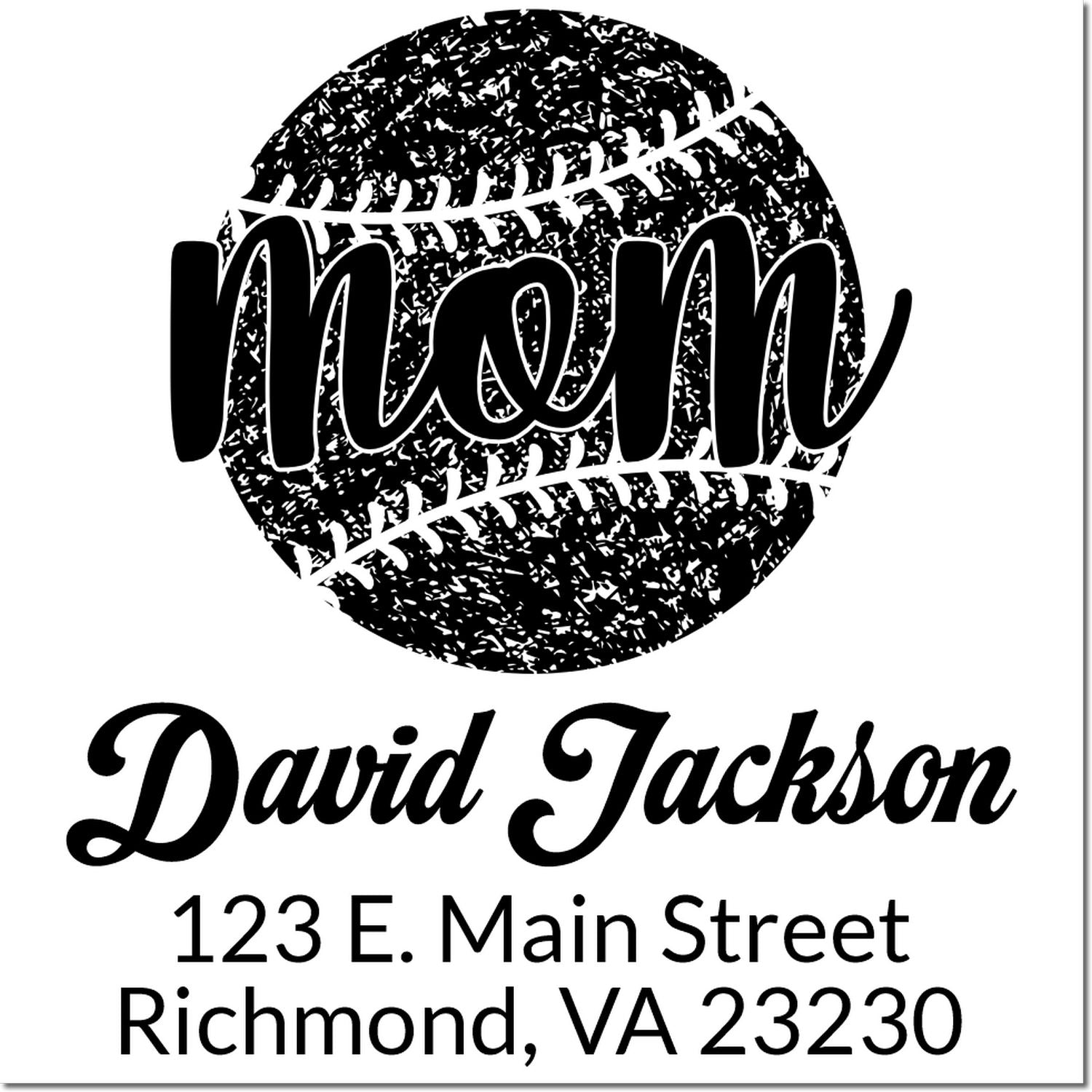 Personalized mom baseball return address rubber stamp with David Jackson name and Richmond, VA address.
