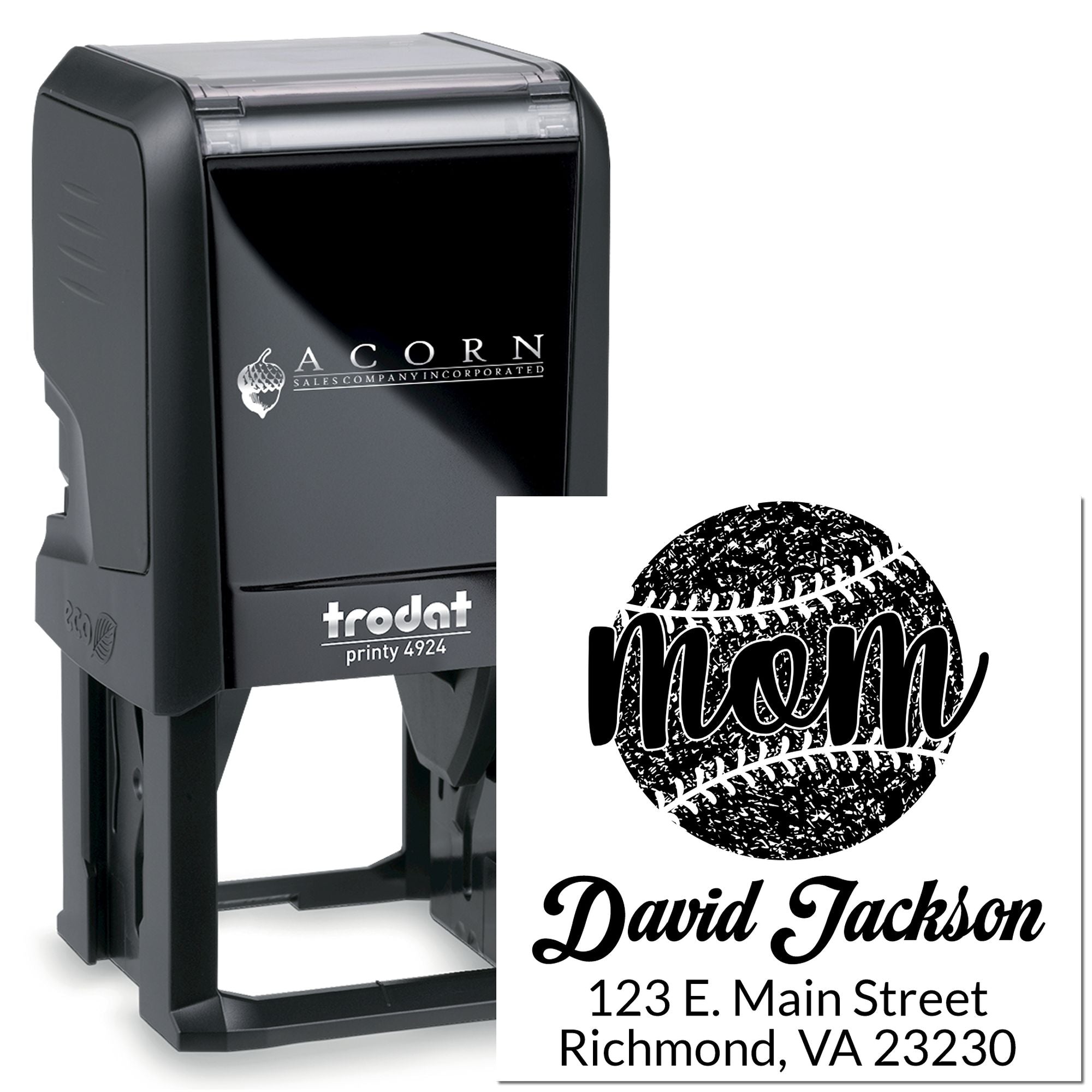 Custom self-inking Trodat Printy 4924 rubber stamp with baseball mom design and personalized name and address imprint.