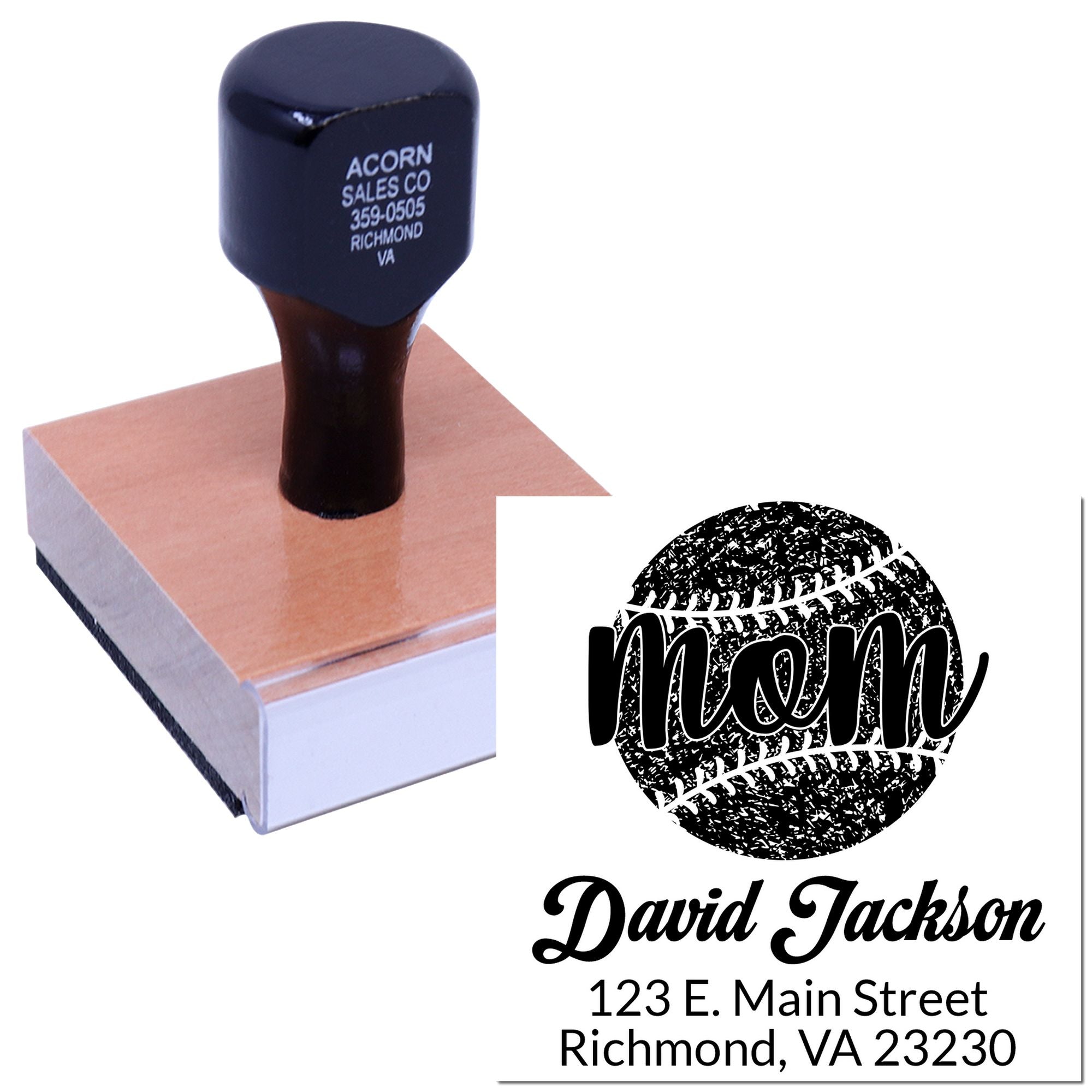Personalized baseball mom return address rubber stamp with name and Richmond, VA address