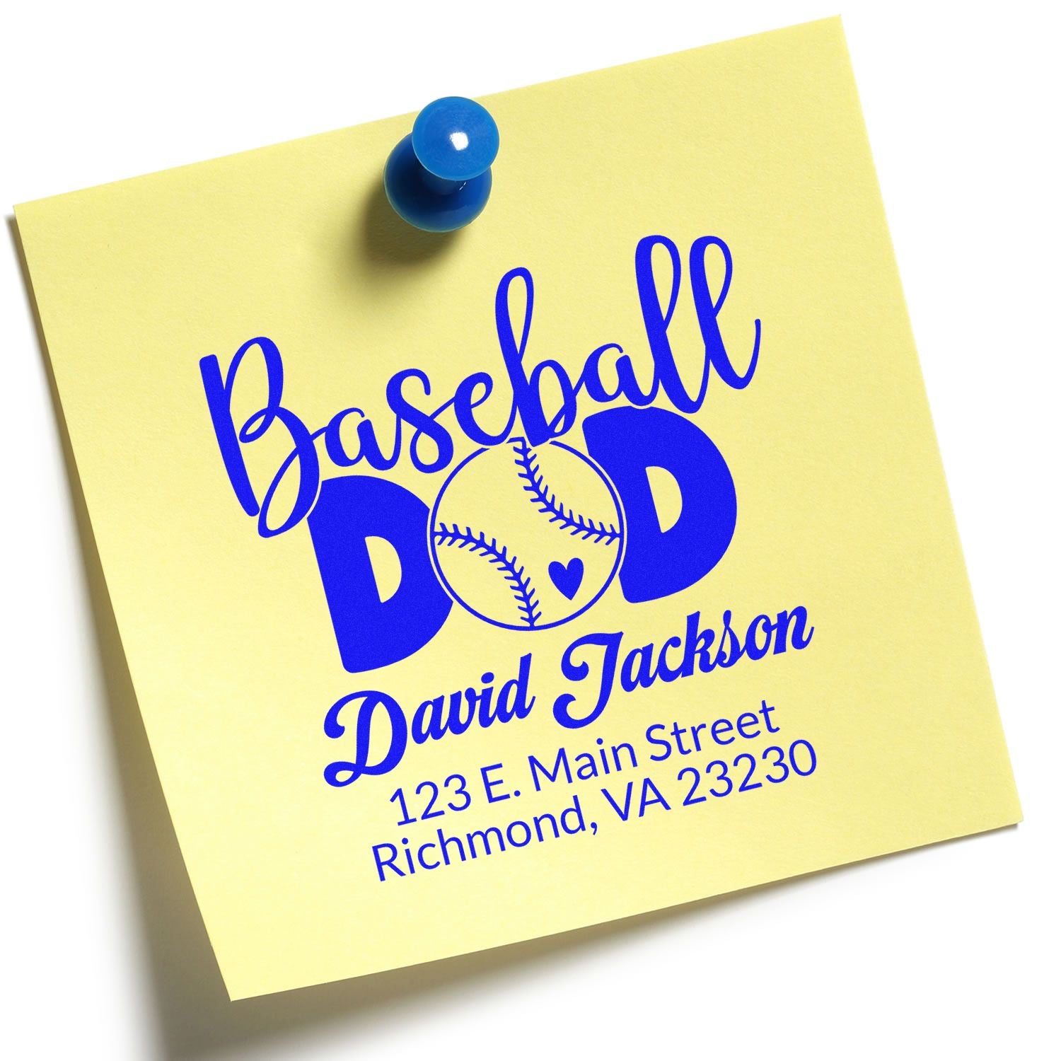 Custom baseball dad rubber stamp impression with personalized name and address on a sticky note.