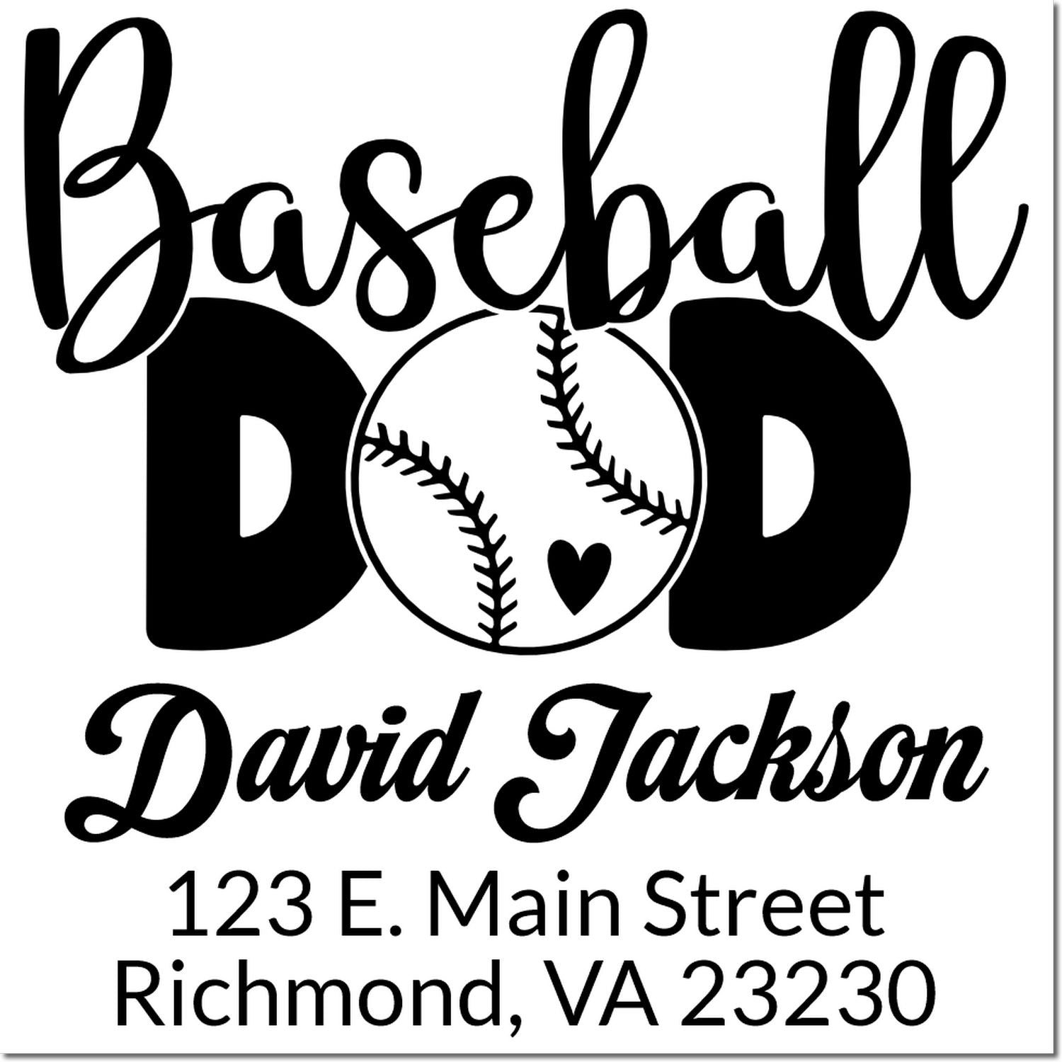 Custom baseball dad return address rubber stamp with name David Jackson and Richmond, VA 23230.
