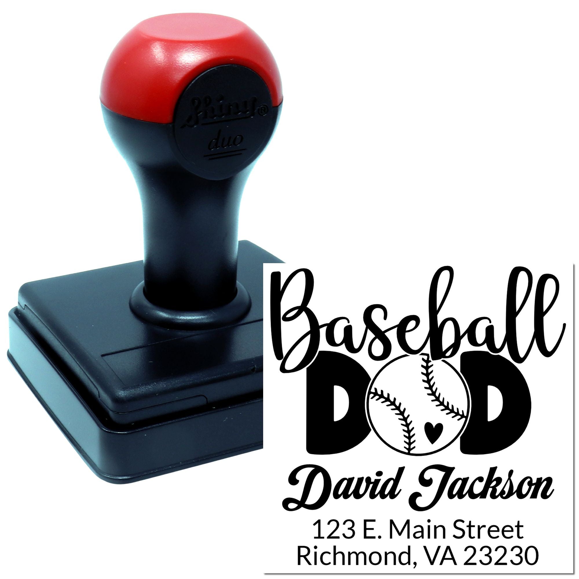 Custom baseball dad self-inking rubber stamp with personalized name, address, and baseball graphic.