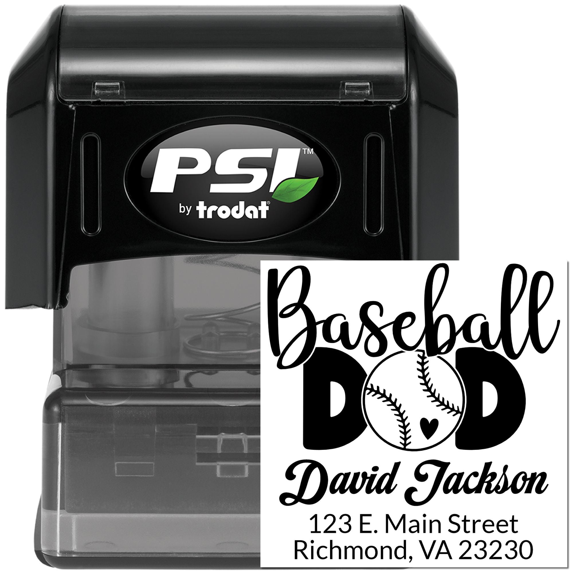 PSI by Trodat self-inking rubber stamp with personalized Baseball Dad return address design