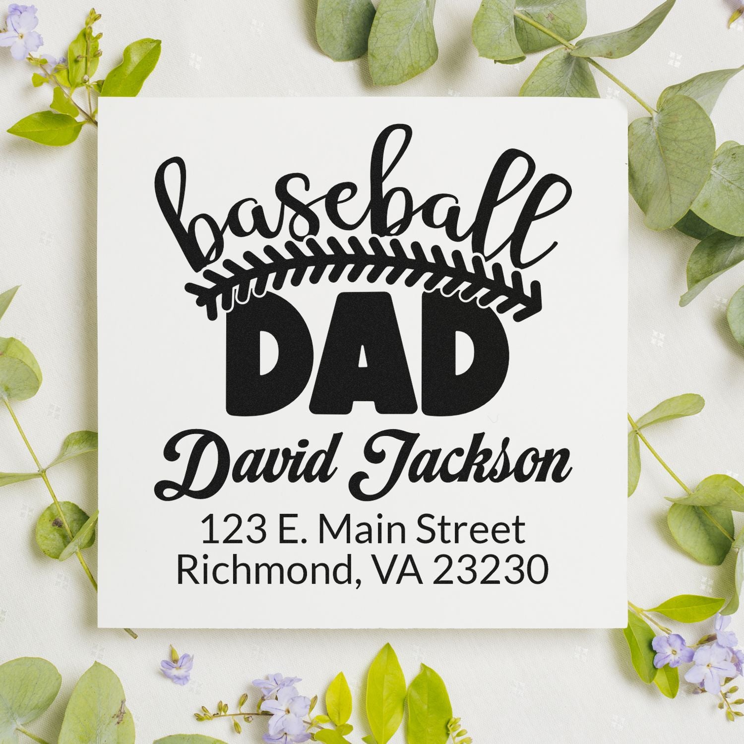 Personalized baseball dad rubber stamp with custom name and address for Fathers Day gifts and stationery.
