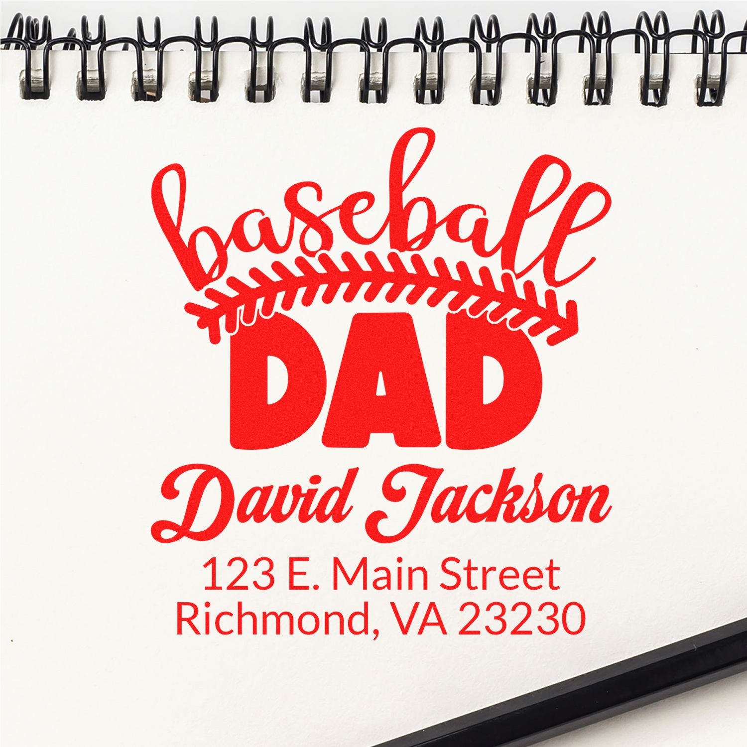 Personalized baseball dad address stamp design preview with name and Richmond, VA address for custom rubber stamps.