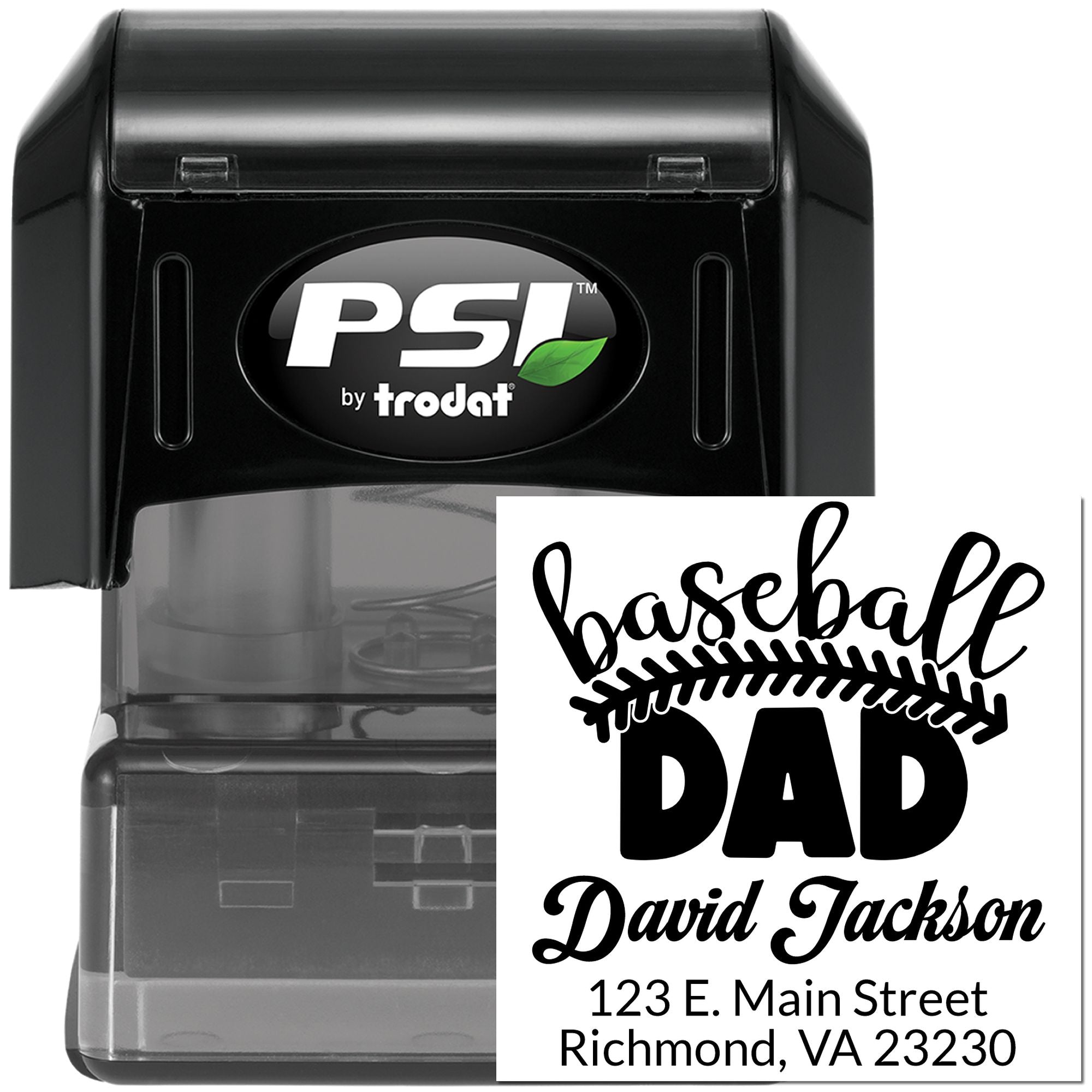 Custom self-inking rubber stamp for baseball dad return address, PSI by Trodat personalized with name and address.