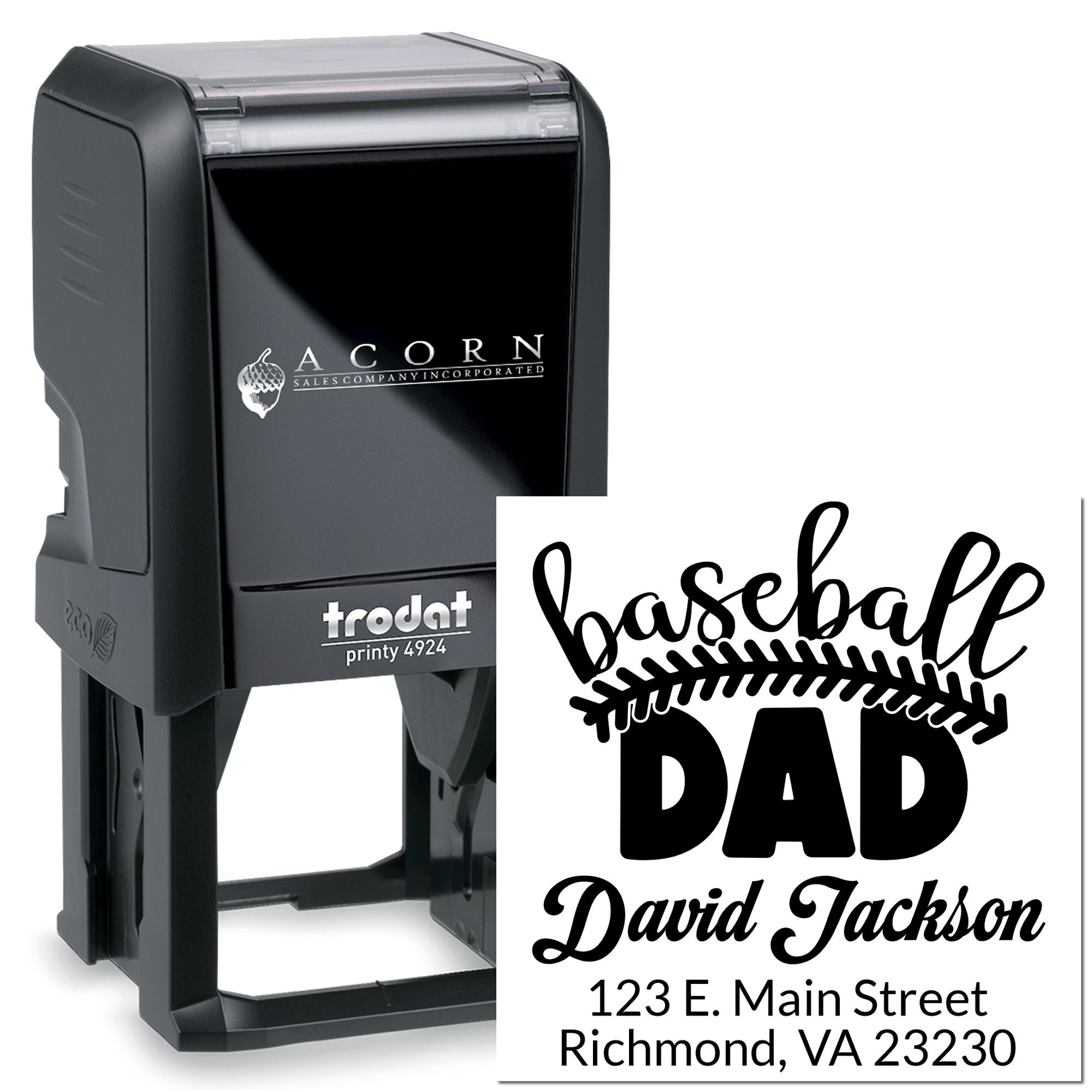 Custom self-inking rubber stamp for baseball dad, with name and address, Trodat Printy 4924 personalized mailing stamp.