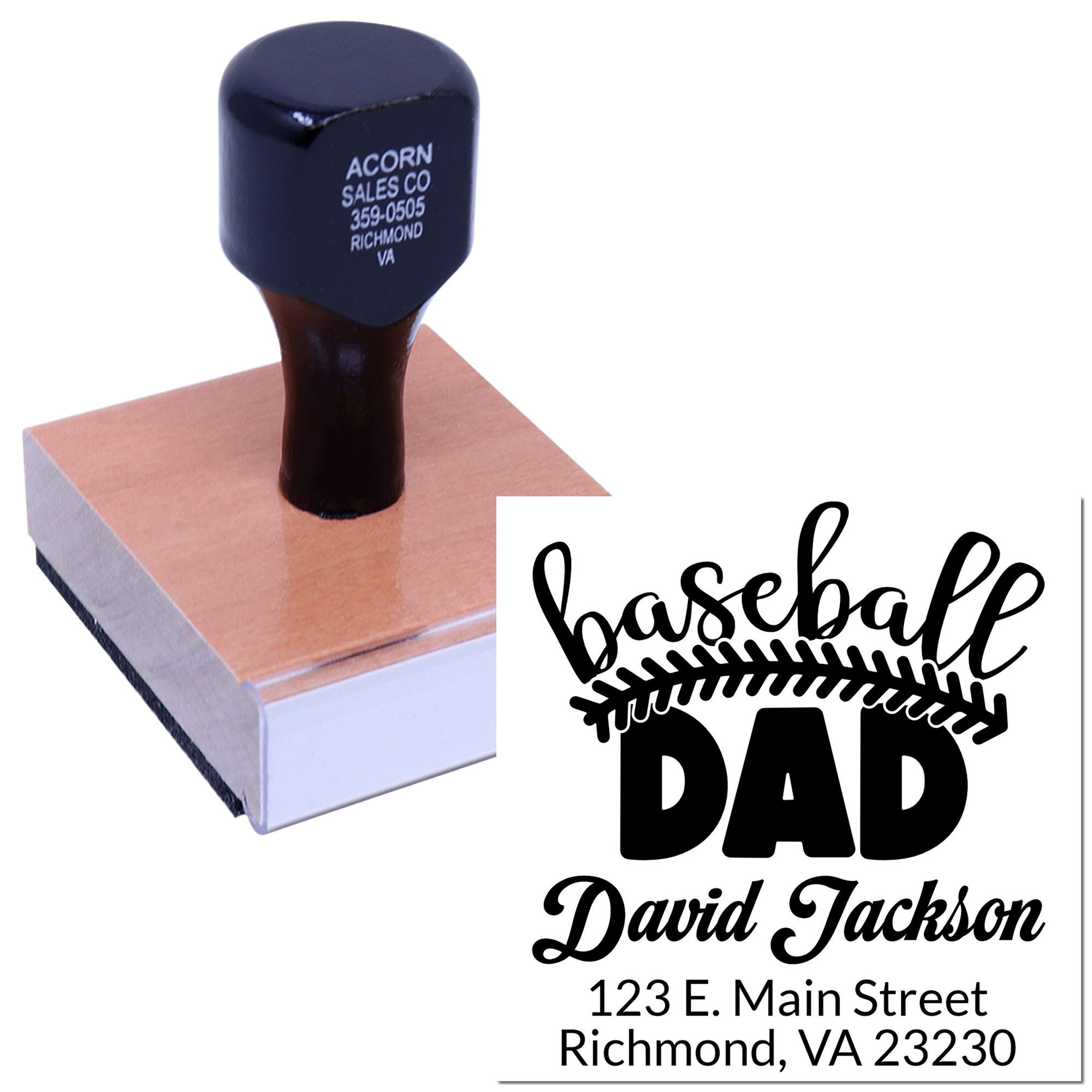 Custom baseball dad rubber stamp with name and address, ideal for personalized return address labels and gifts.