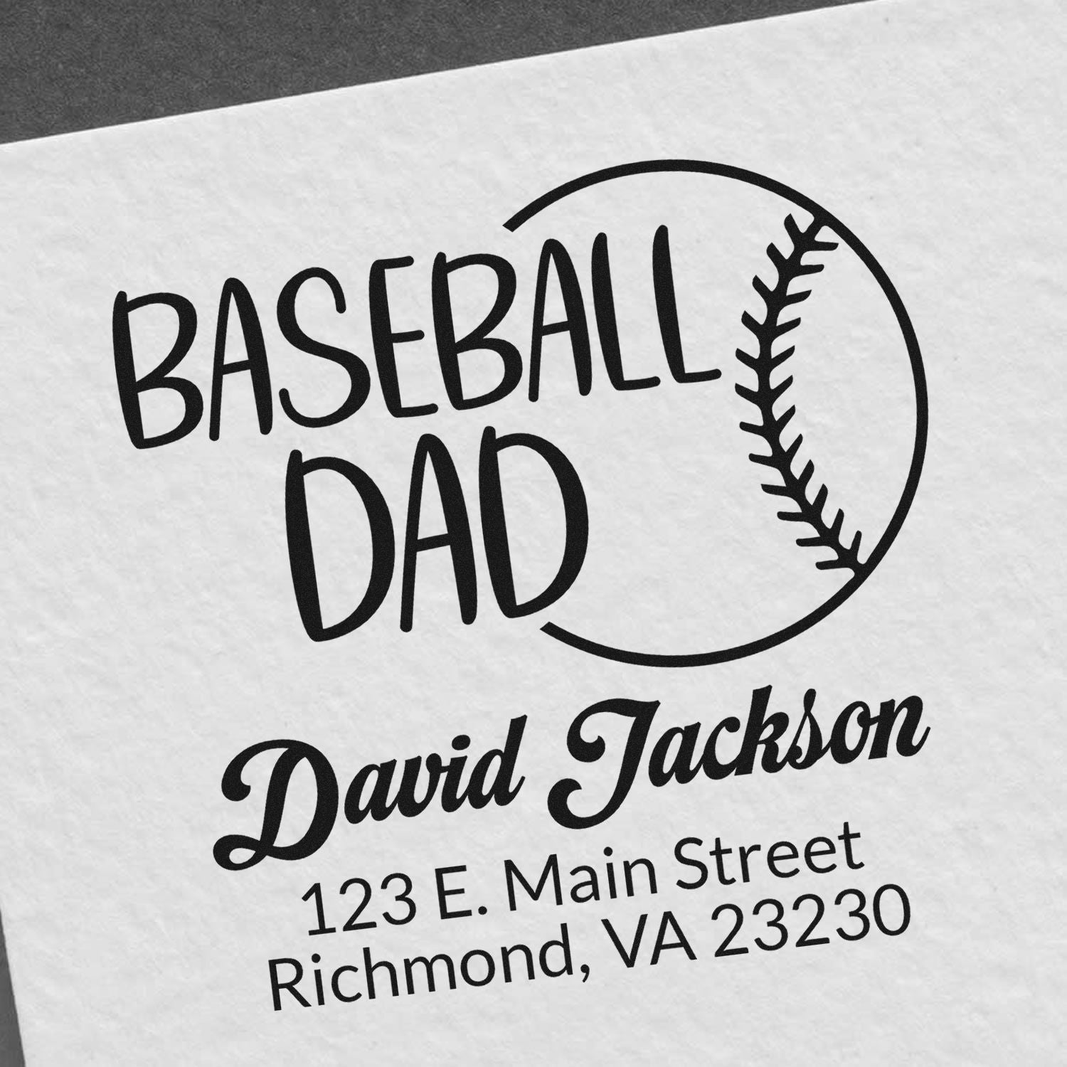 Personalized baseball dad rubber stamp with David Jackson name and Richmond, VA address