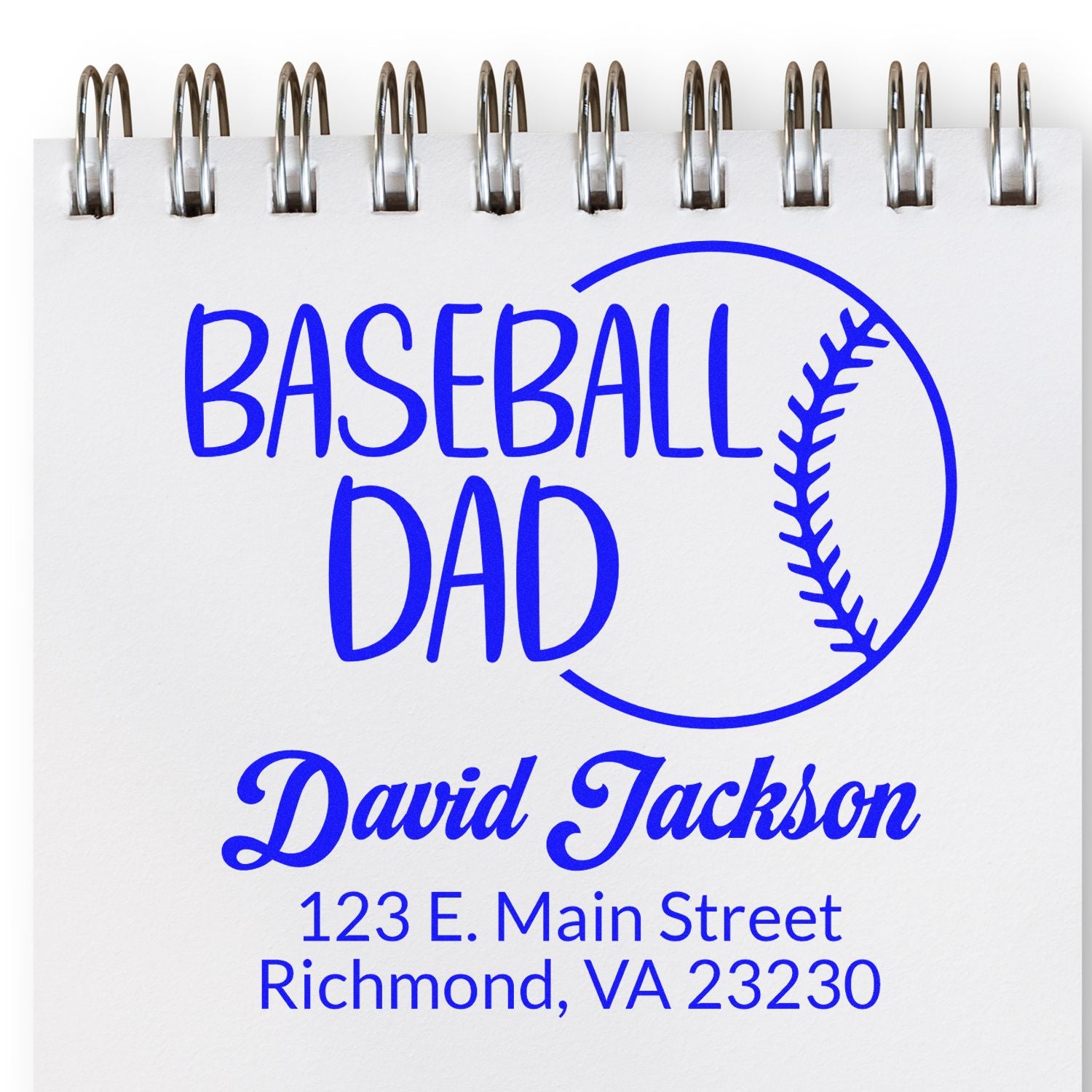 Custom Baseball Dad rubber stamp with personalized name and address, blue baseball graphic for mailing and gifts.
