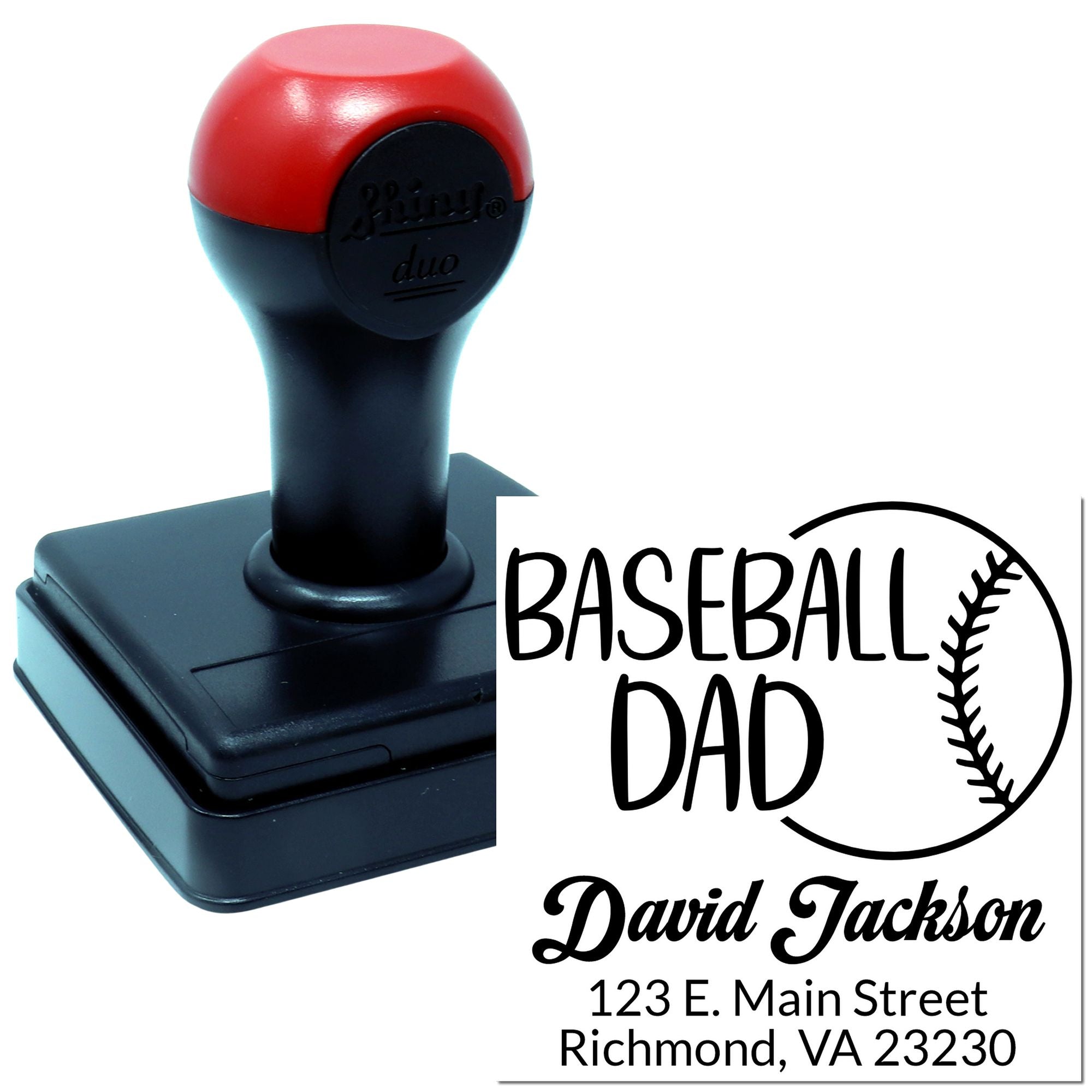 Personalized baseball dad rubber stamp with self-inking stamp impression, name, and address for sports-themed mail.