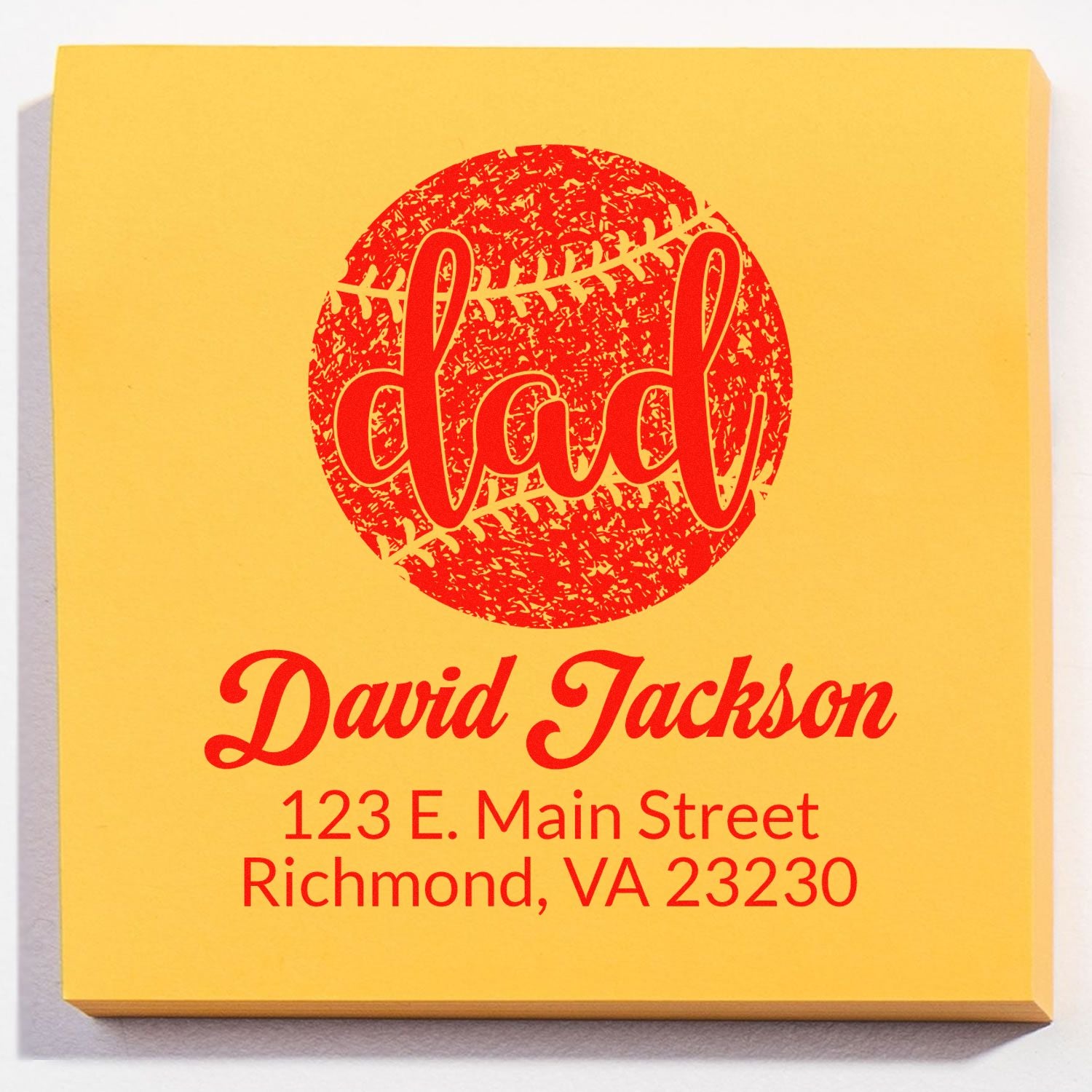 Custom baseball dad rubber stamp with name and address for personalized mailing and gift packaging.