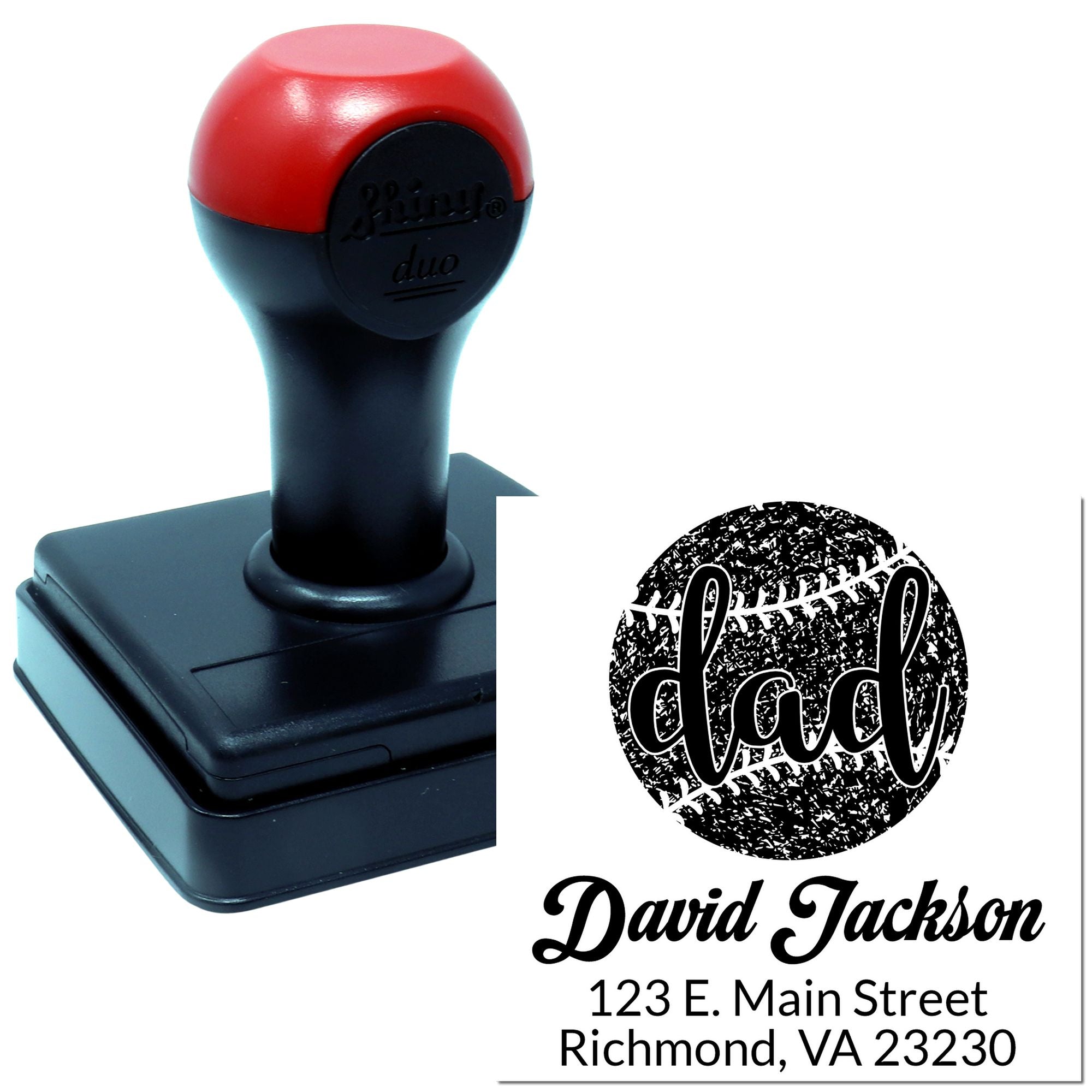Custom self-inking rubber stamp with baseball dad logo, personalized name, and address imprint